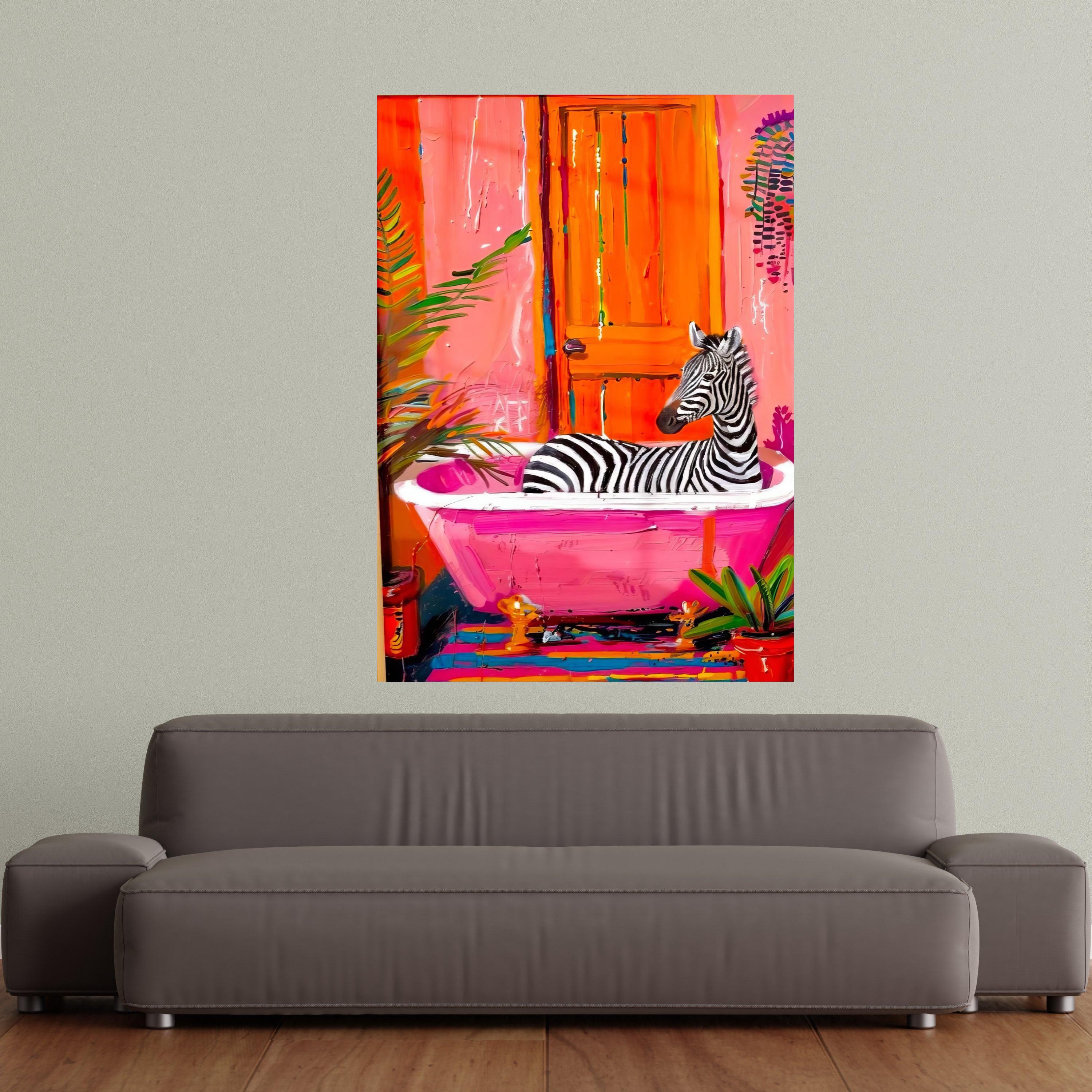 Vibrant Zebra in Pink Bathtub Canvas Wall Art, Modern Animal Decor for Bathroom, Abstract Canvas Painting