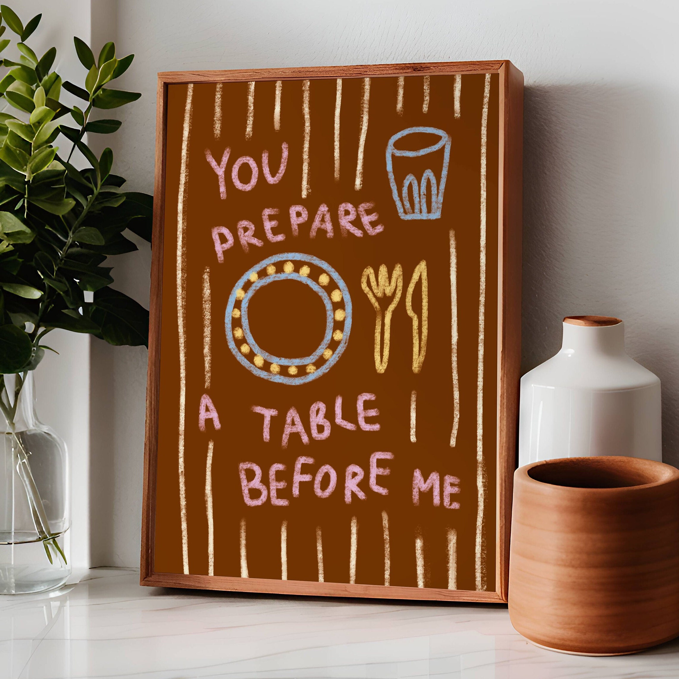 You Prepare A Table Aesthetic Christian Wall Art, Psalm 23:5 Modern Bible Verse Art Print, Retro Christian Poster, Christian Kitchen Decor