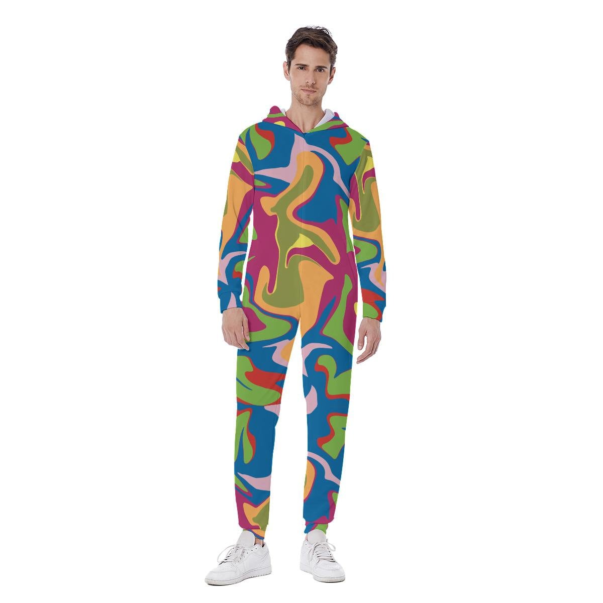 Colorful Urban Camo Abstract Shapes Liquid Paint Effect Red Green Blue Print Men's Hooded Jumpsuit