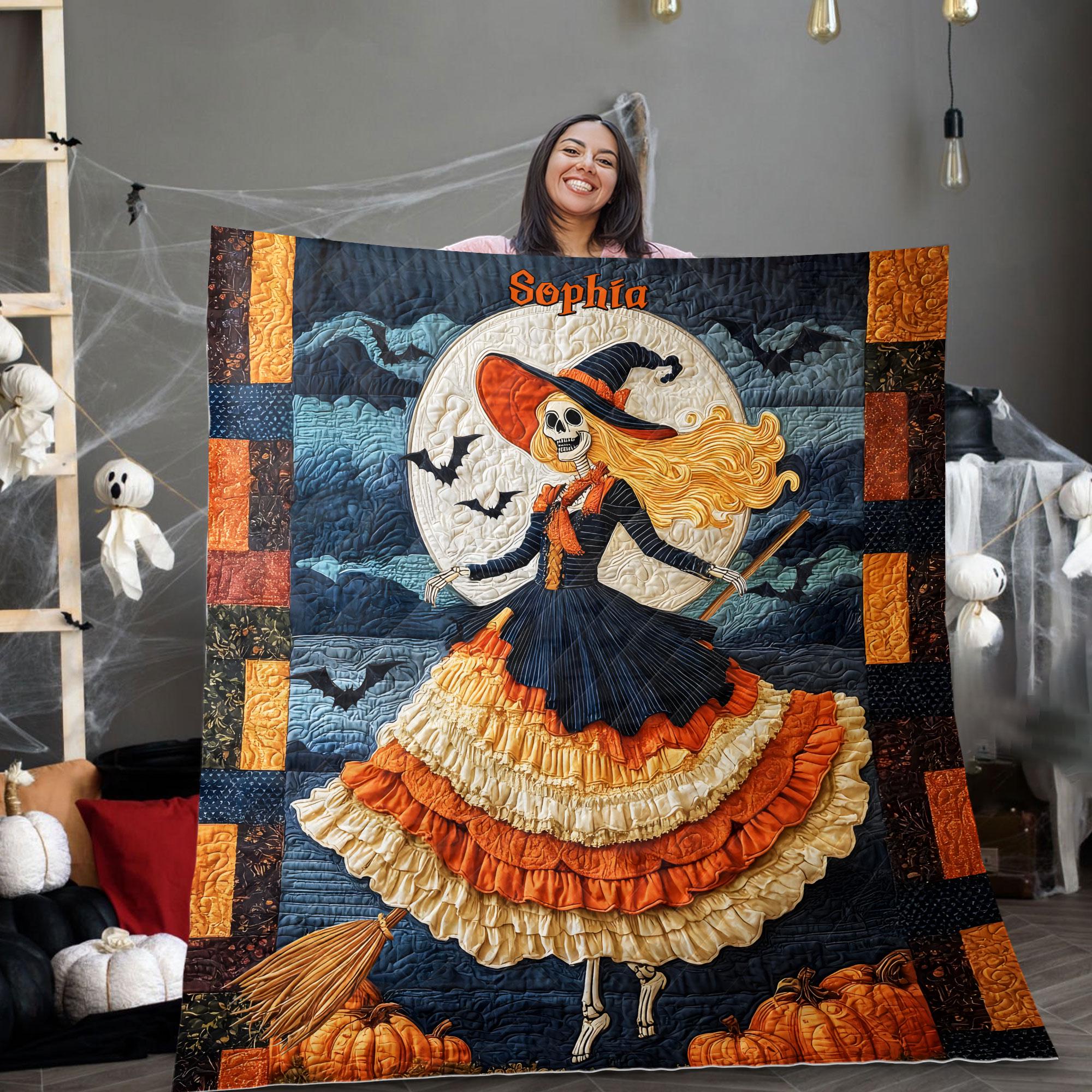 Custom Halloween Skeleton Witch Quilt Blanket, Spooky Pumpkin Bat Full Moon , Gothic Witchy Fall Decor, Skeleton Creepy Cozy Gift