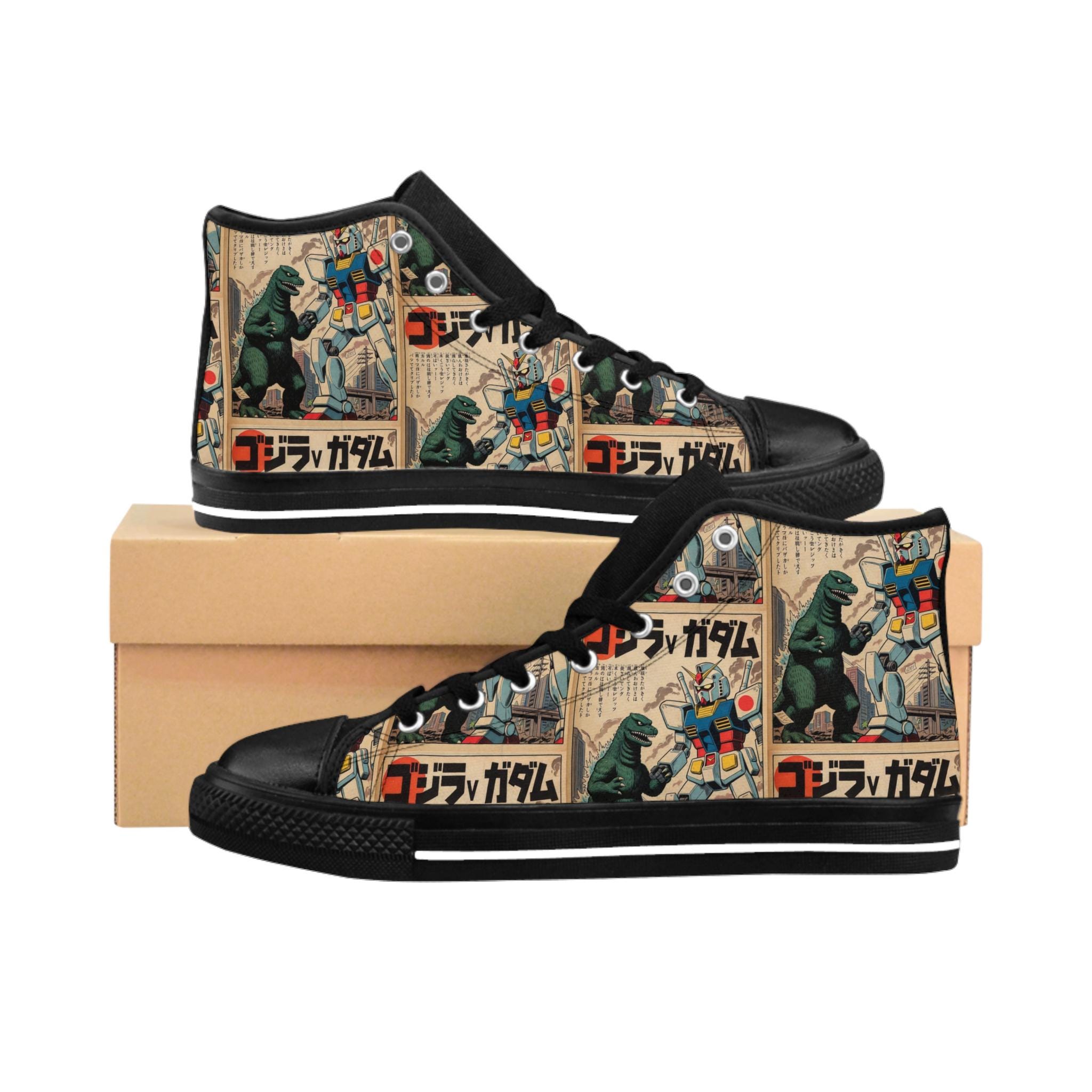 Classic Sneakers, god zilla versus Alien Robot Japanese Vintage Shoes, Shoes Gift, Streetwear Sneakers, Retro Footwear