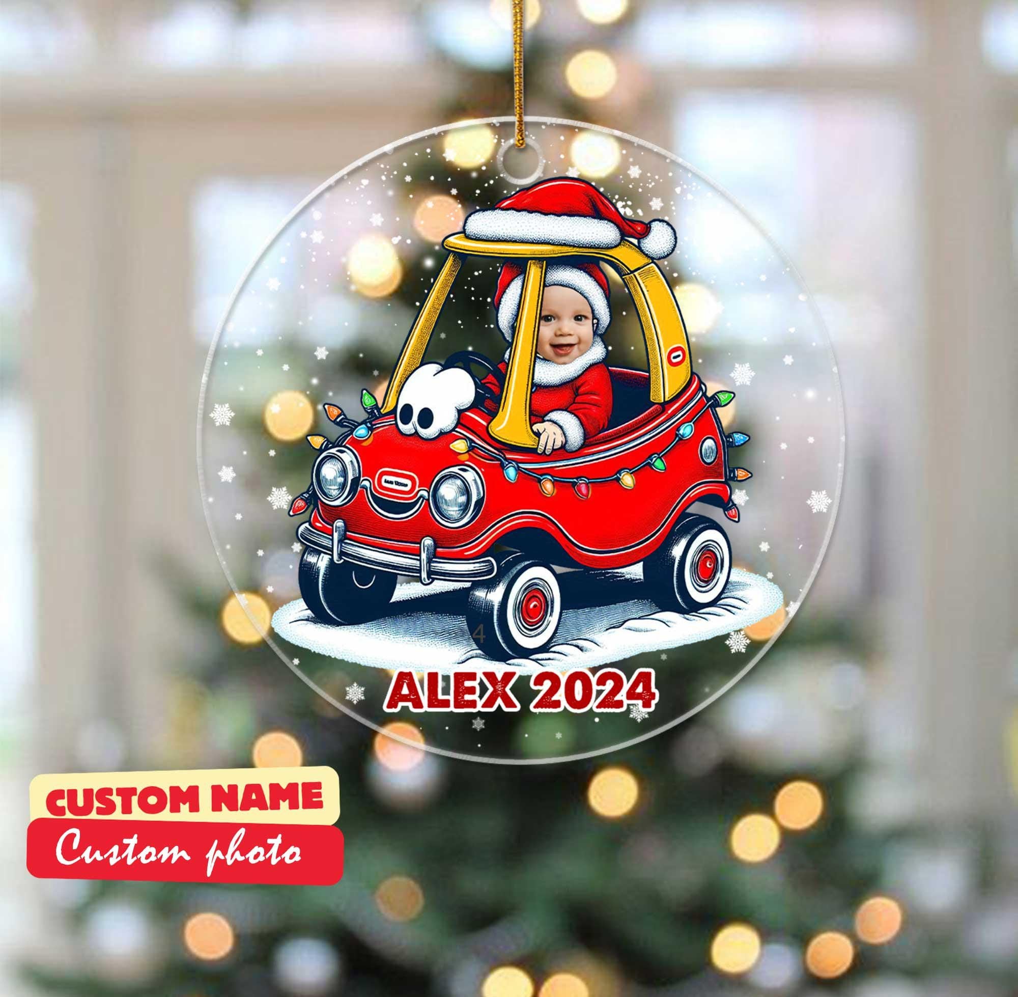 Baby's First Christmas Ornament with a toy car and tree, Personalized, Baby's 1st Christmas Custom Photo Gift,Keepsake Ornament For Son Gift
