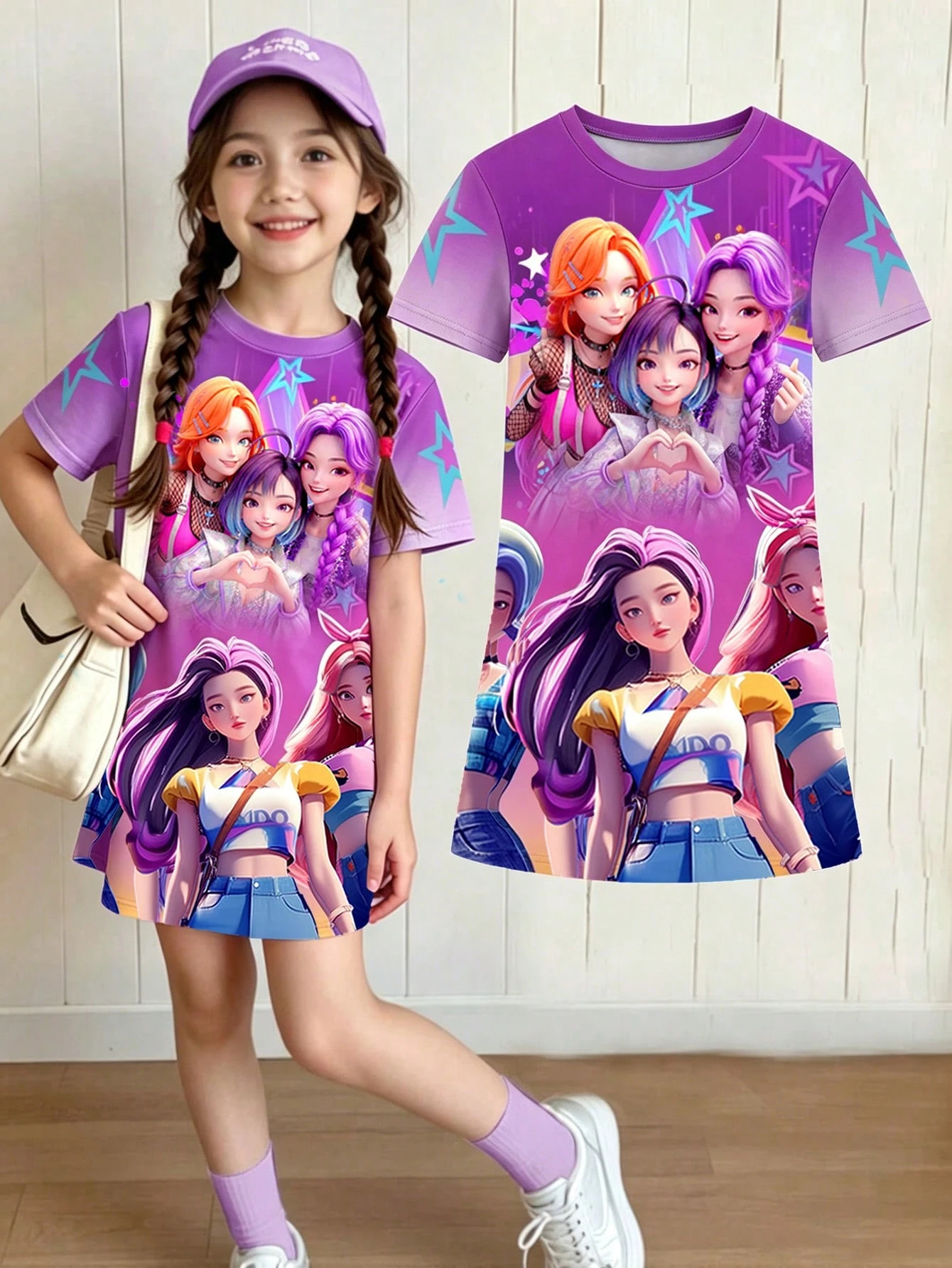Little Girl's Purple Gradient Neon Star Kpop Demon Hunter T-shirt Dress, Summer Short Sleeve Dress Gift