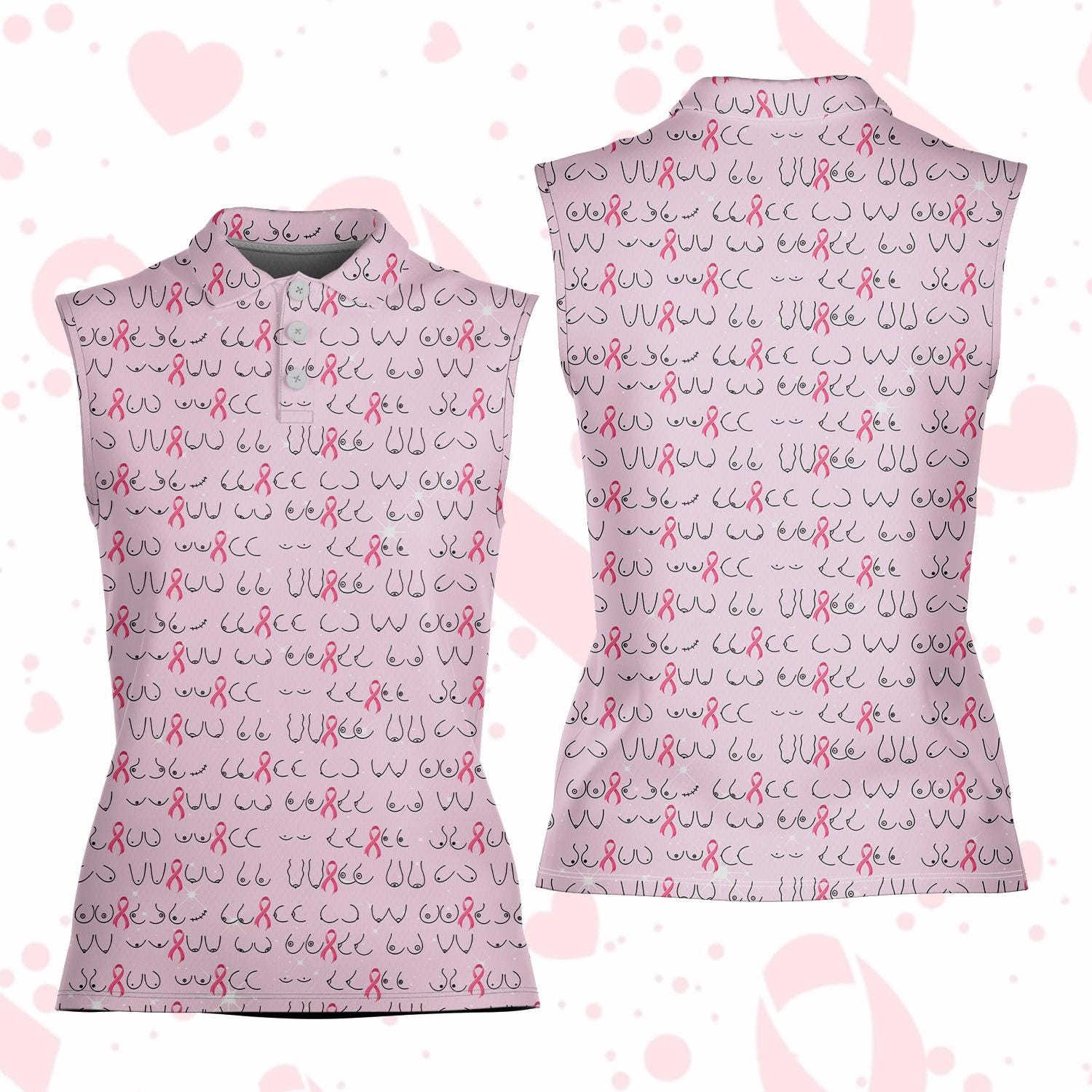 Women's Sleeveless Pink Ribbon Polo Shirt, Breast Cancer Awareness Outfit, Cancer Support Apparel