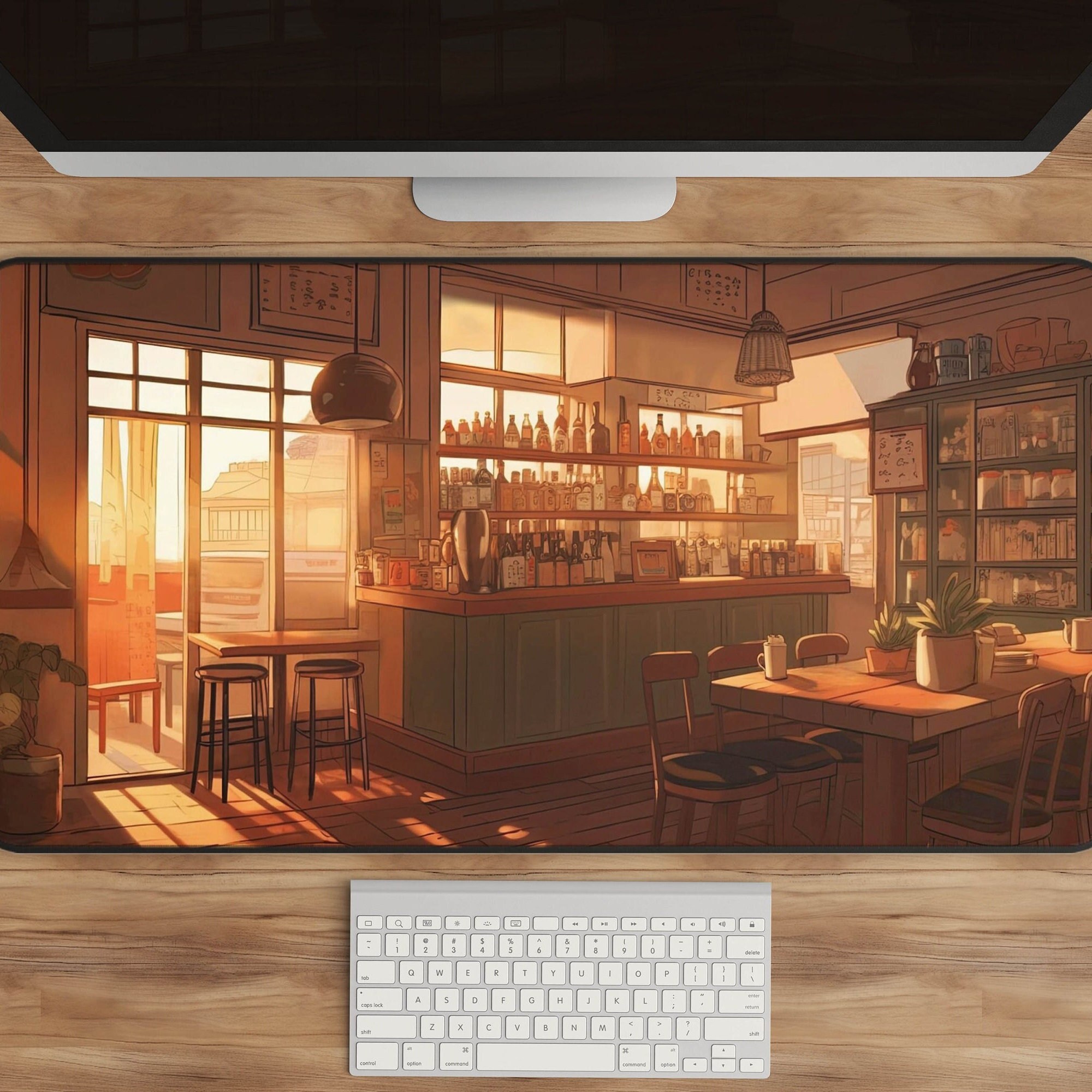 Anime Cafe Sunrise Desk Mat - Lo-Fi Anime Aesthetics, XL Gaming Mouse Pad, Workspace Decoration