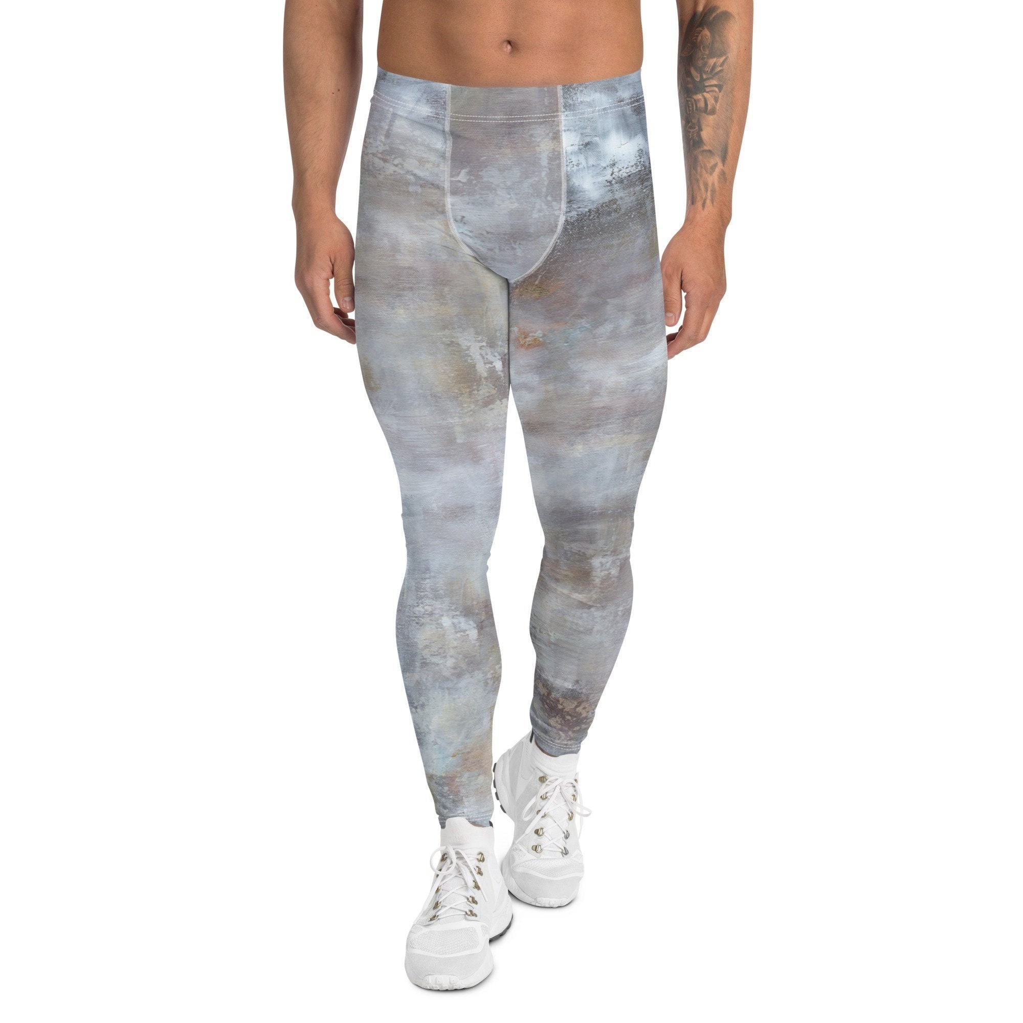 Men's Leggings, XS-3XL Yoga Leggings, Men's Tights, Gray, Grey Print Leggings