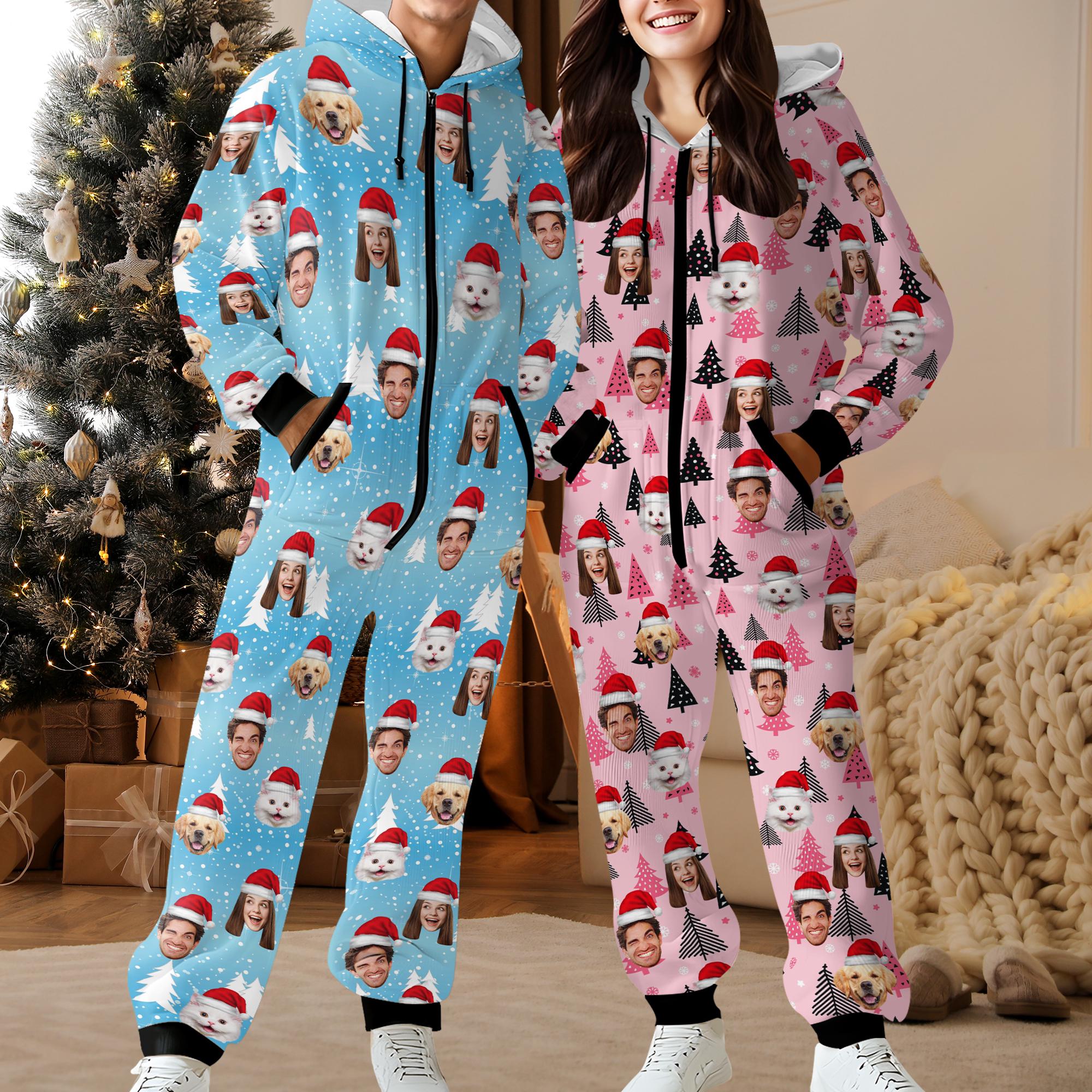 Custom Onesie Pajamas,Personalized Face Photo Flannel Fleece Adult Pajamas,Family Christmas Pajamas,Hooded Onesie Jumpsuits,Dog Bandana