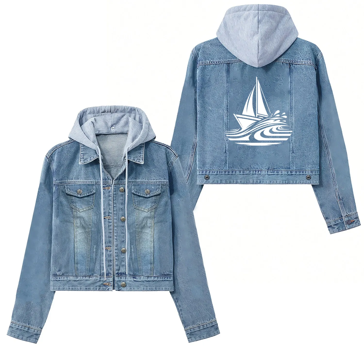 Fast Sailing Boat On Course In Big Waves Women's Denim Jackets