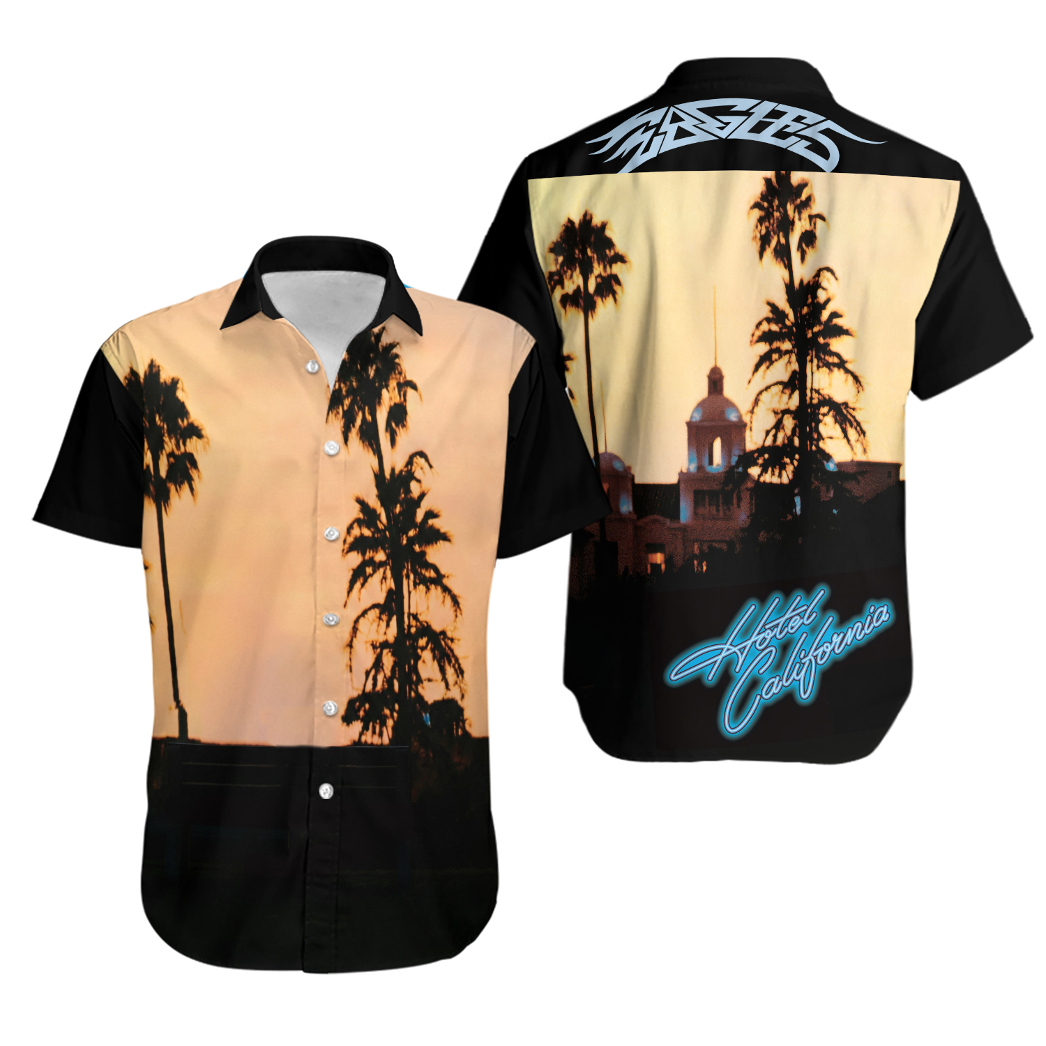 Rock Music Hawaiian Shirt with Eagle and Hotel California Print