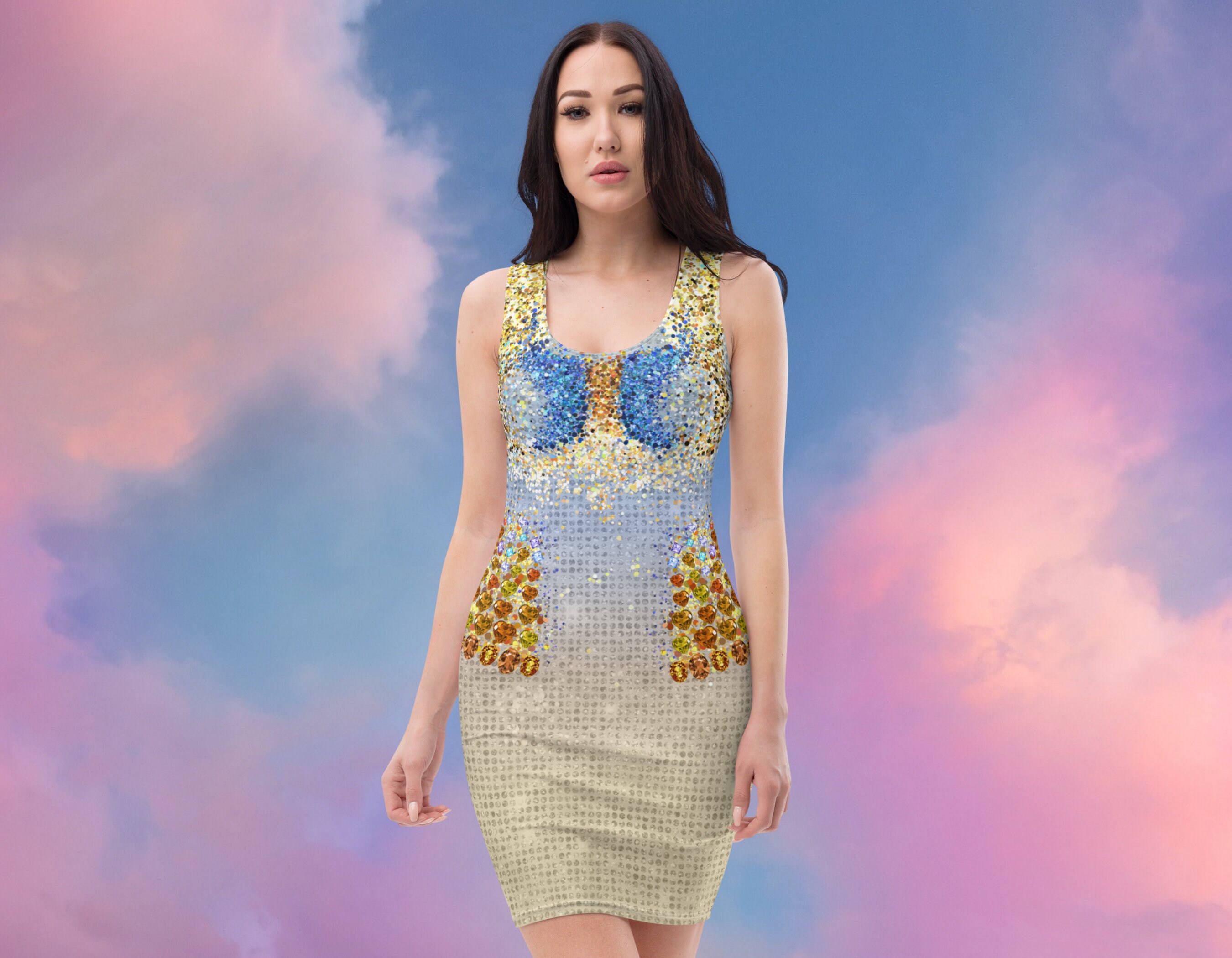 Concert outfit, cosplay, faux jewels, bejeweled, bronze and blue ombre, women's dress (not real sparkles or jewels)