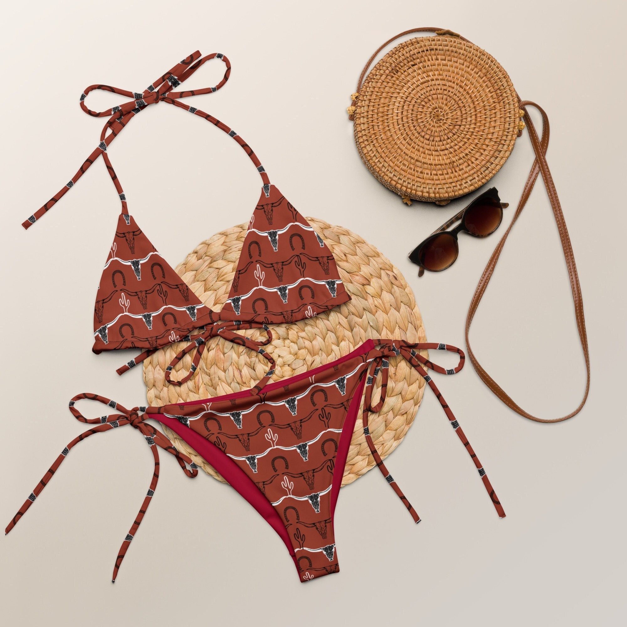 Longhorn Skull Recycled String Bikini Set, Cactus Western Bikini Set, Cowgirl Bathing Suit, Trendy Swimwear, Vacation Cowgirl Boots Bikini