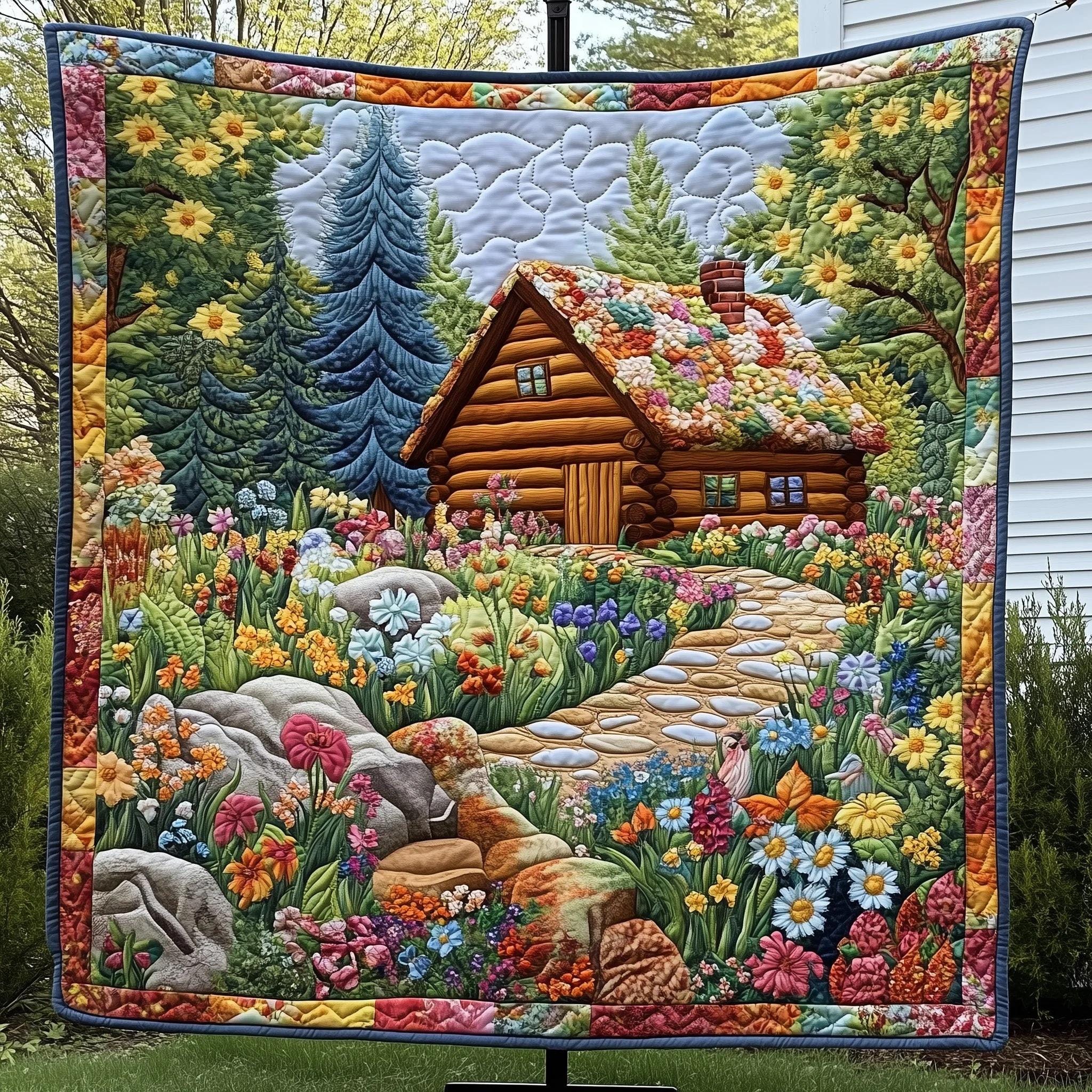 Cottage Garden Cabin Quilt Blanket, Floral Woodland, Rustic Flower Garden Decor, Nature Lover Gift