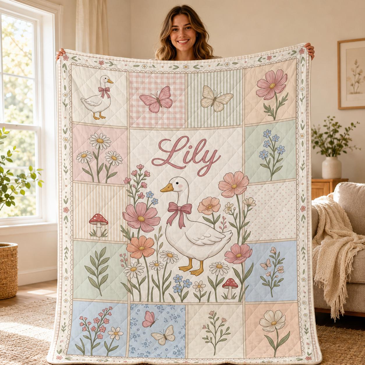 Personalized Baby Girl Goose Quilt Blanket, Custom Name Floral Nursery