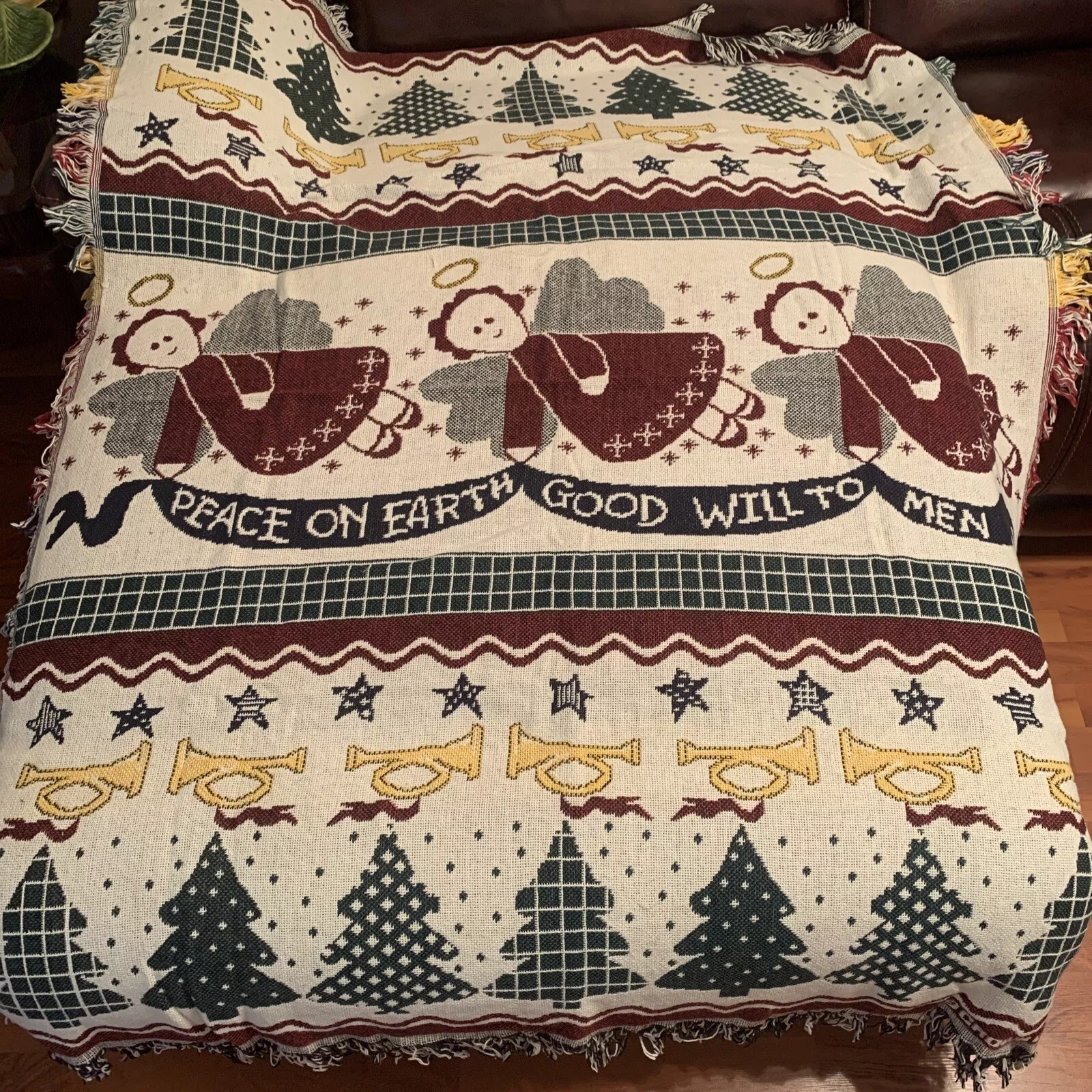 Crown Crafts Woven Blanket Throw Christmas Peace On Earth Angels Trumpet Trees