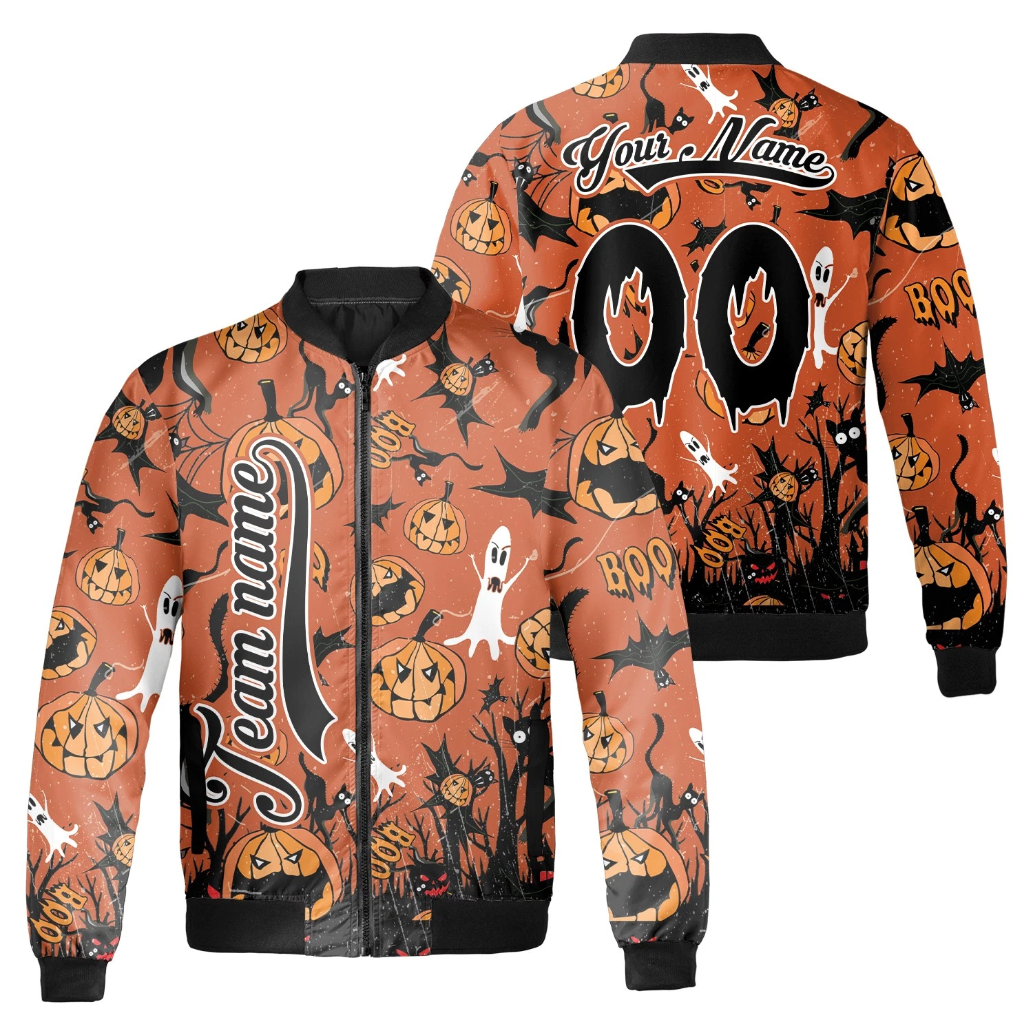 Personalized Black Cat Boo Punpkin Spooky Halloween Bomber Jacket