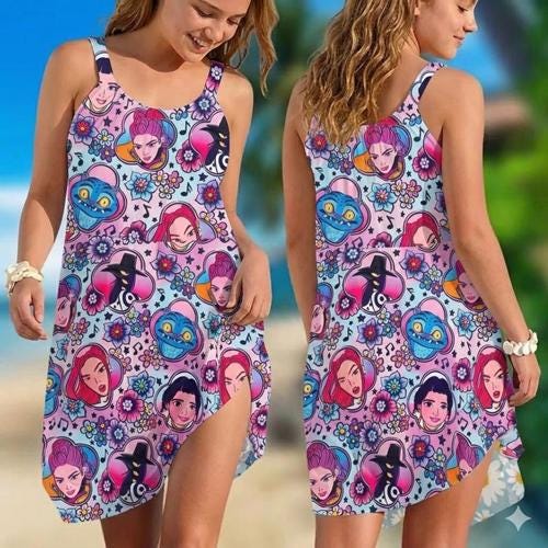 Kpop Demon Hunters Floral Dress, Huntrix Sling Dress, Rumi Zoey Mira Flower Pattern Princess Dress