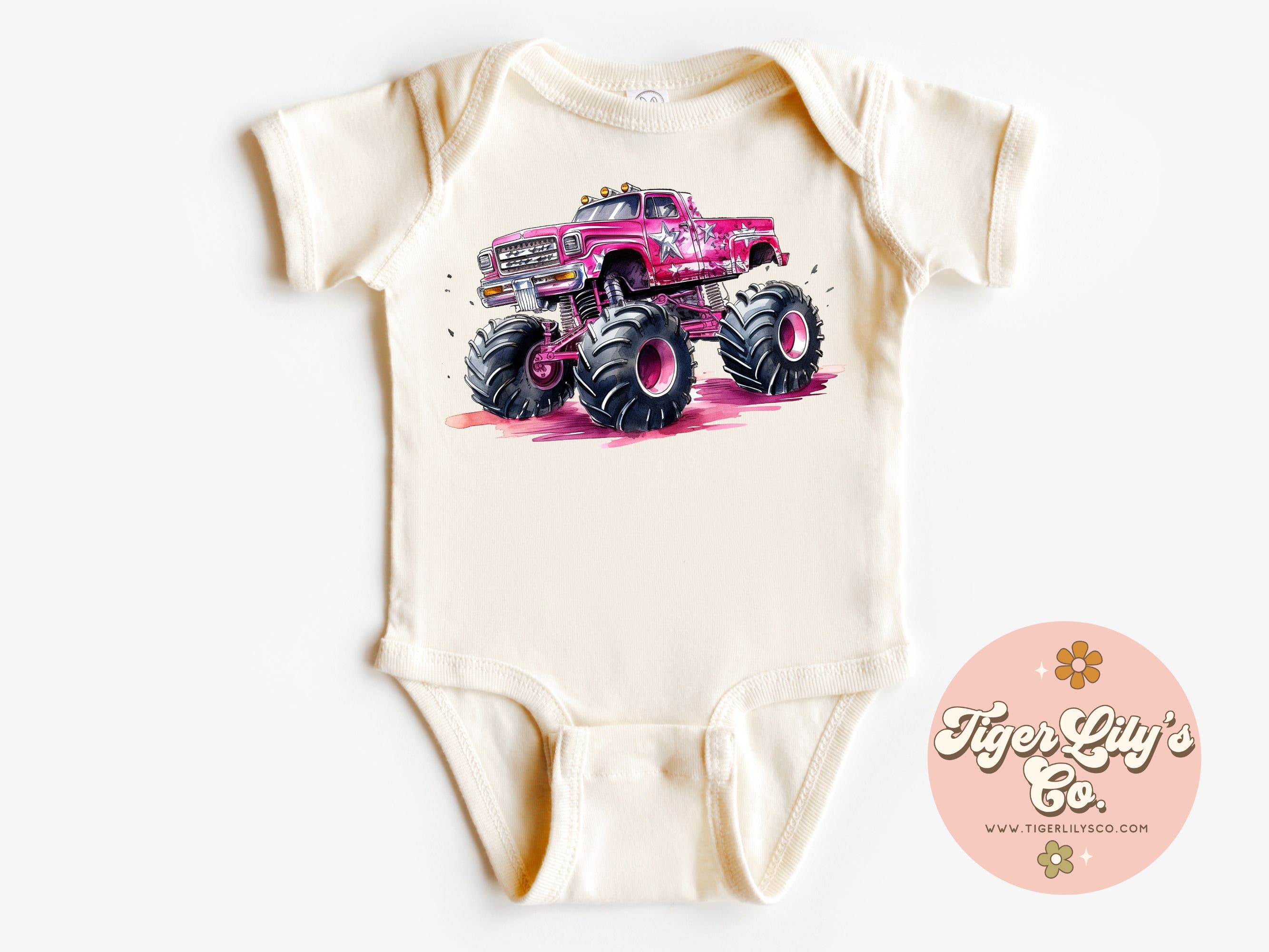 Pink Monster Truck Baby Onesies - Cute, Monster Truck, Truck Rally