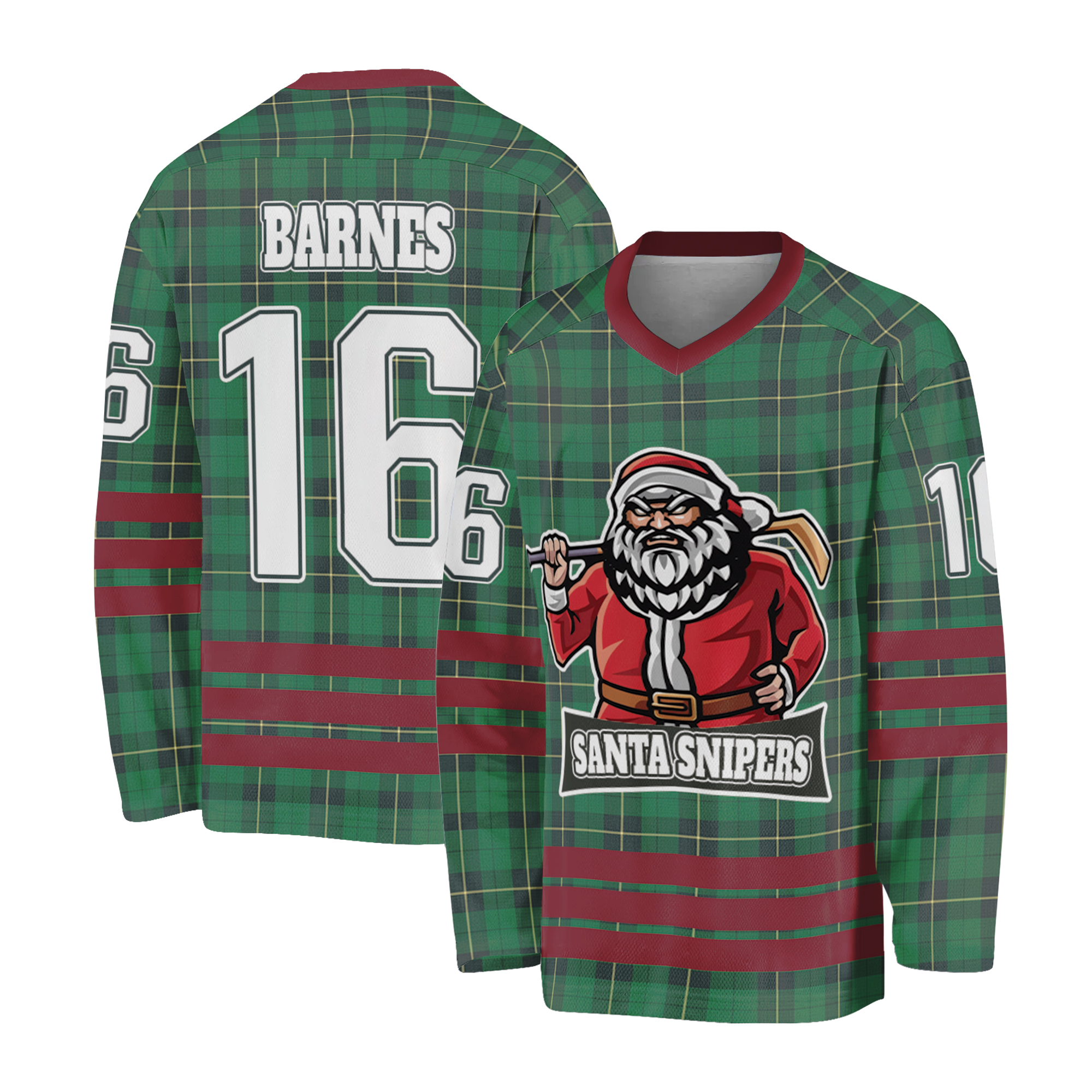 Custom Christmas Checkered Pattern Green and Black Hockey Jersey, Santa Claus Hockey Ice, Xmas Sports Shirt, Custom Name Uniform Fans