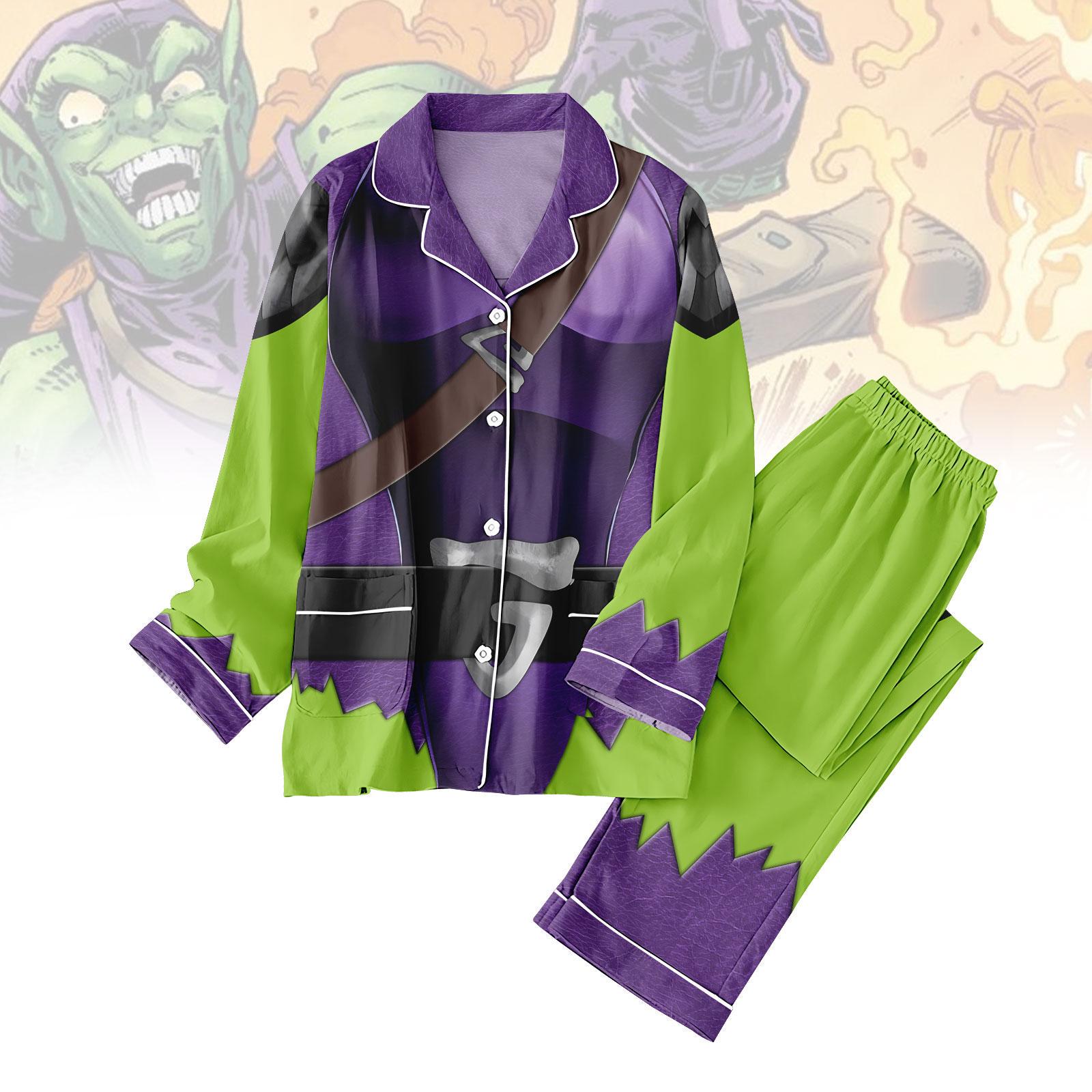 Green Goblin Costume Pajamas Set, Halloween Villain Long Sleeve Sleepwear