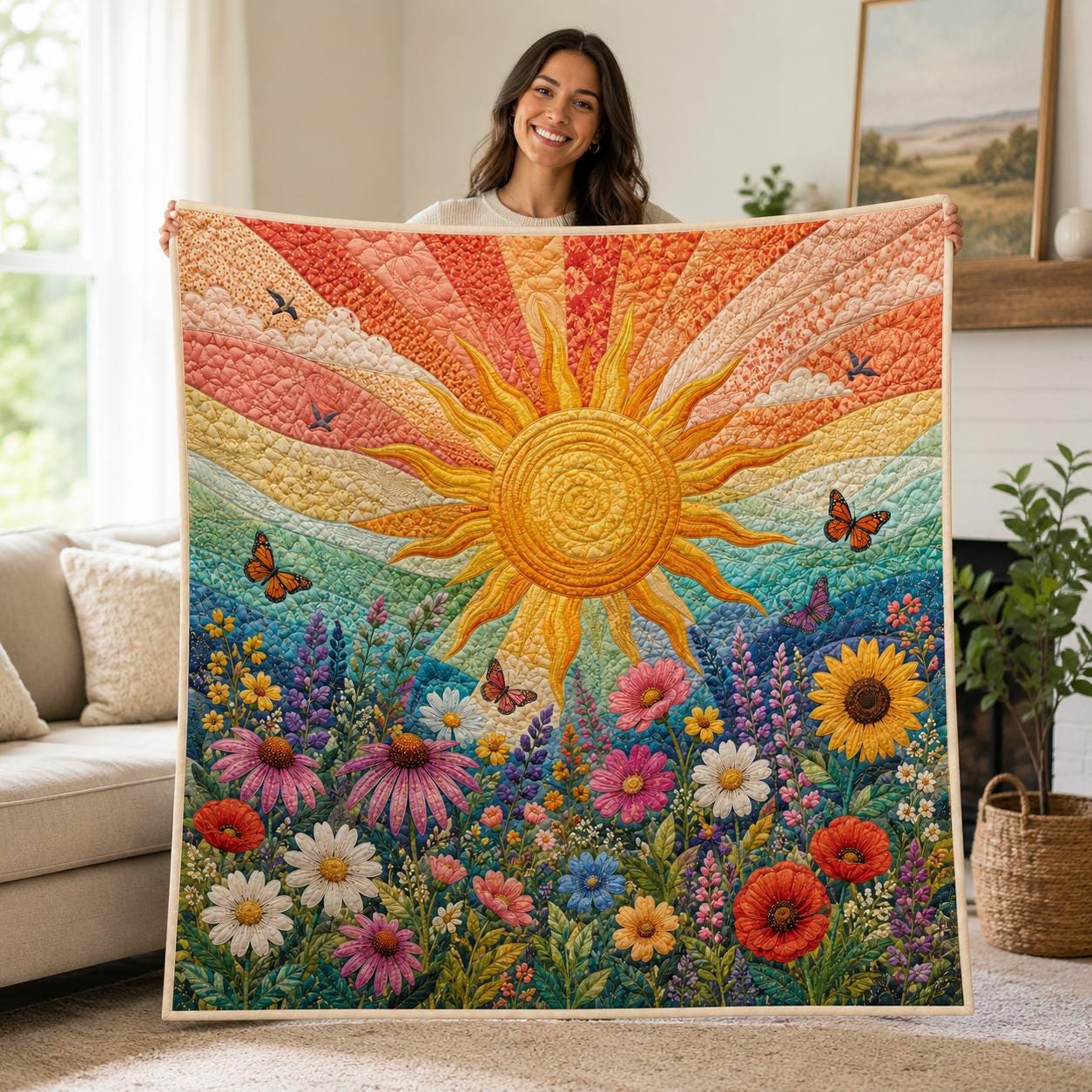 Sunshine Wildflower Quilt Blanket, Colorful Sunflower Meadow, Bright Floral Garden Cozy Blanket, Summer Home Decor