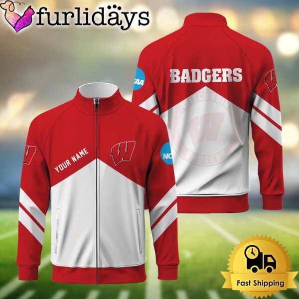 NCAA Wisconsins Badge Logo Custom Standing Neck Zipper Jacket