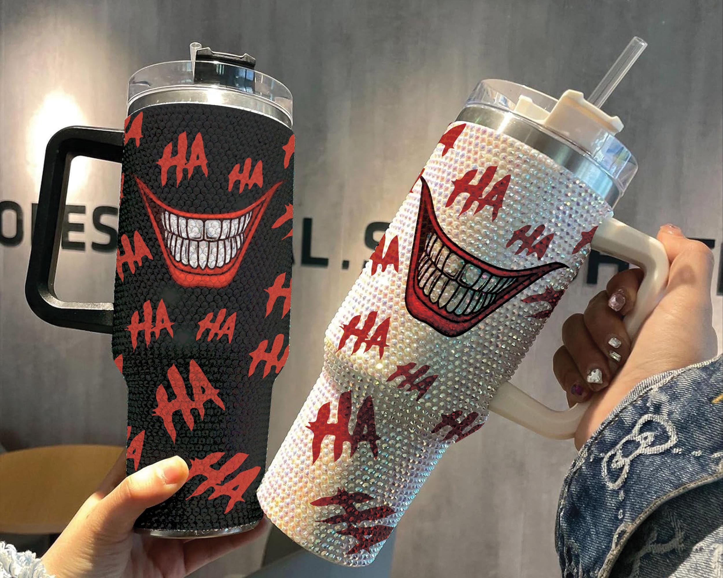 HaHaHa Ha Ha Ha Clown Smile Rhinestone Tumbler 40oz, Horror Bling Cup with Lid and Straw, Movie Villian Laughing Halloween Studded Cup 40oz