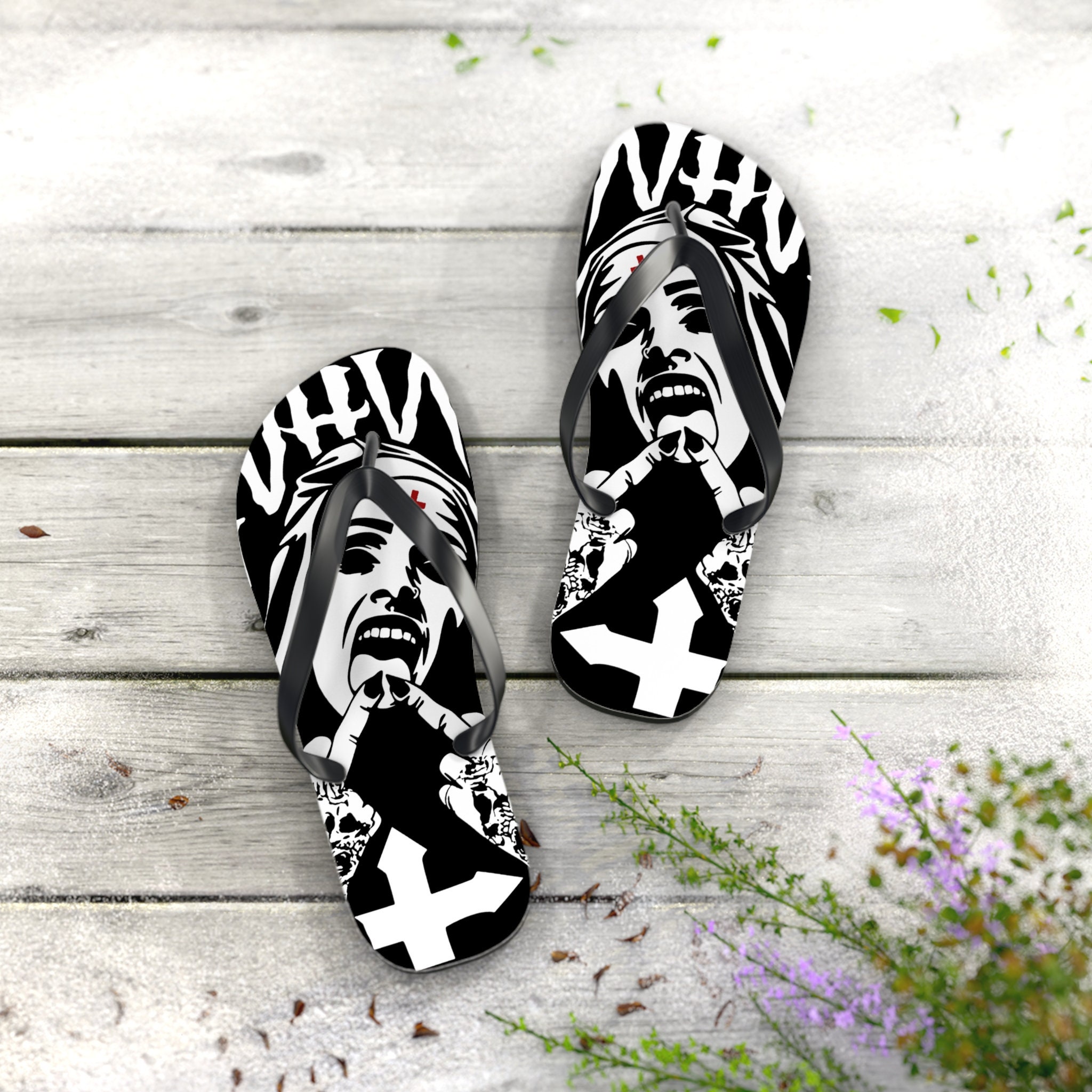 Funny Horror Unholy Nun Flip Flops, Goth Flip Flops, Punk Flip Flops, Satan Flip Flops, Devil Flip Flops