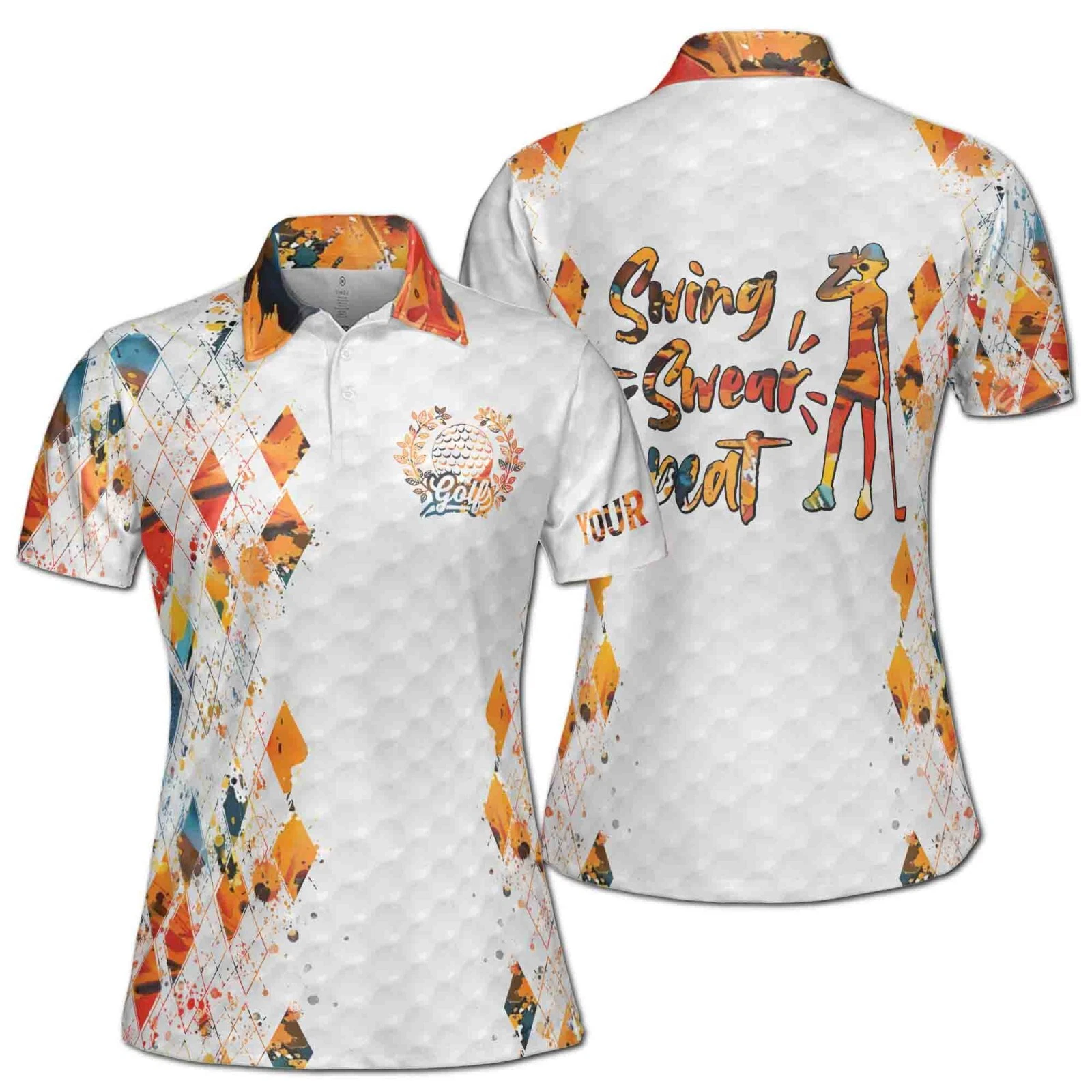 Women's Polo Shirt with Custom Name Argyle Spatter Pattern