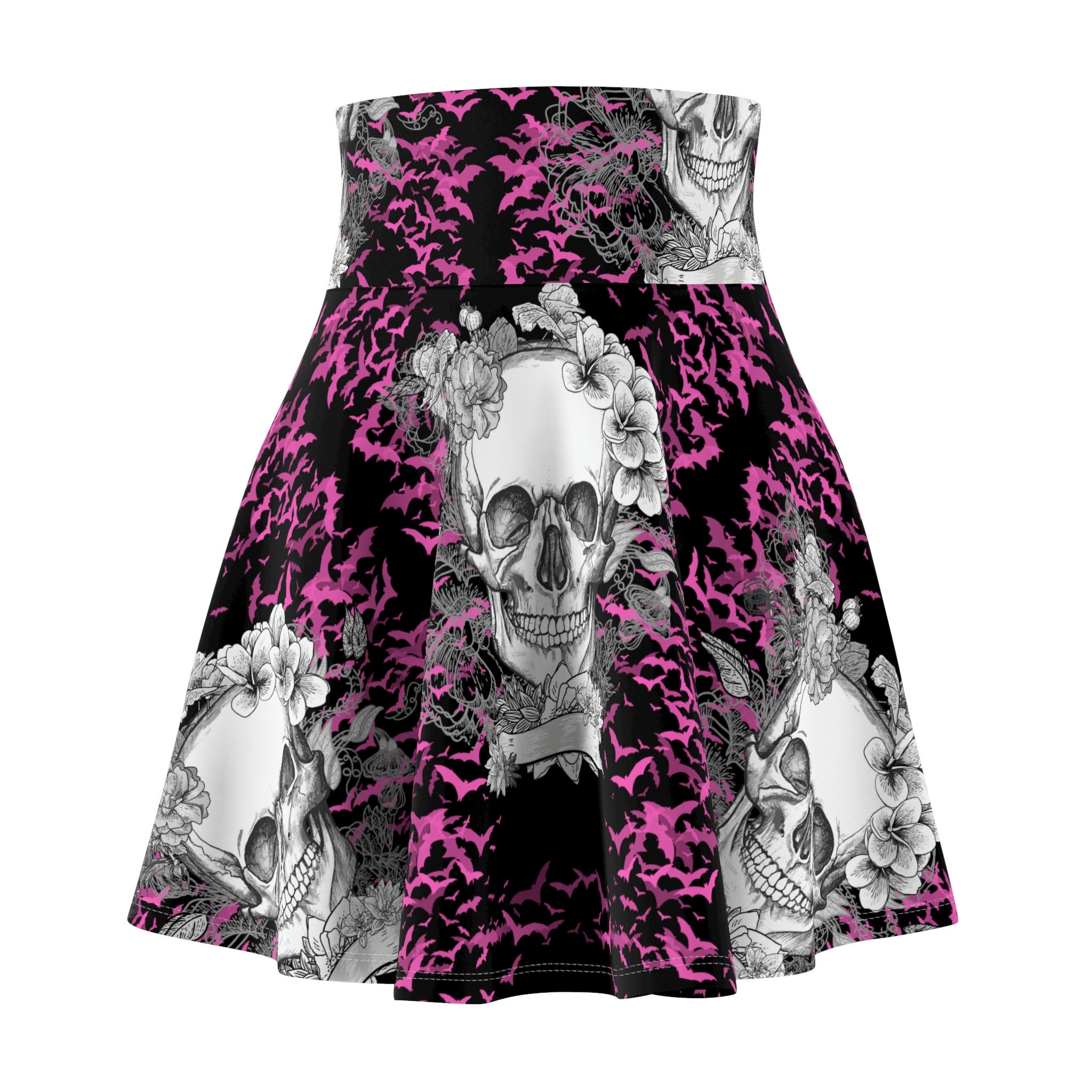 Pink, bat flower, skull ,gothic , witchy, alternative, Women's Skater Skirt
