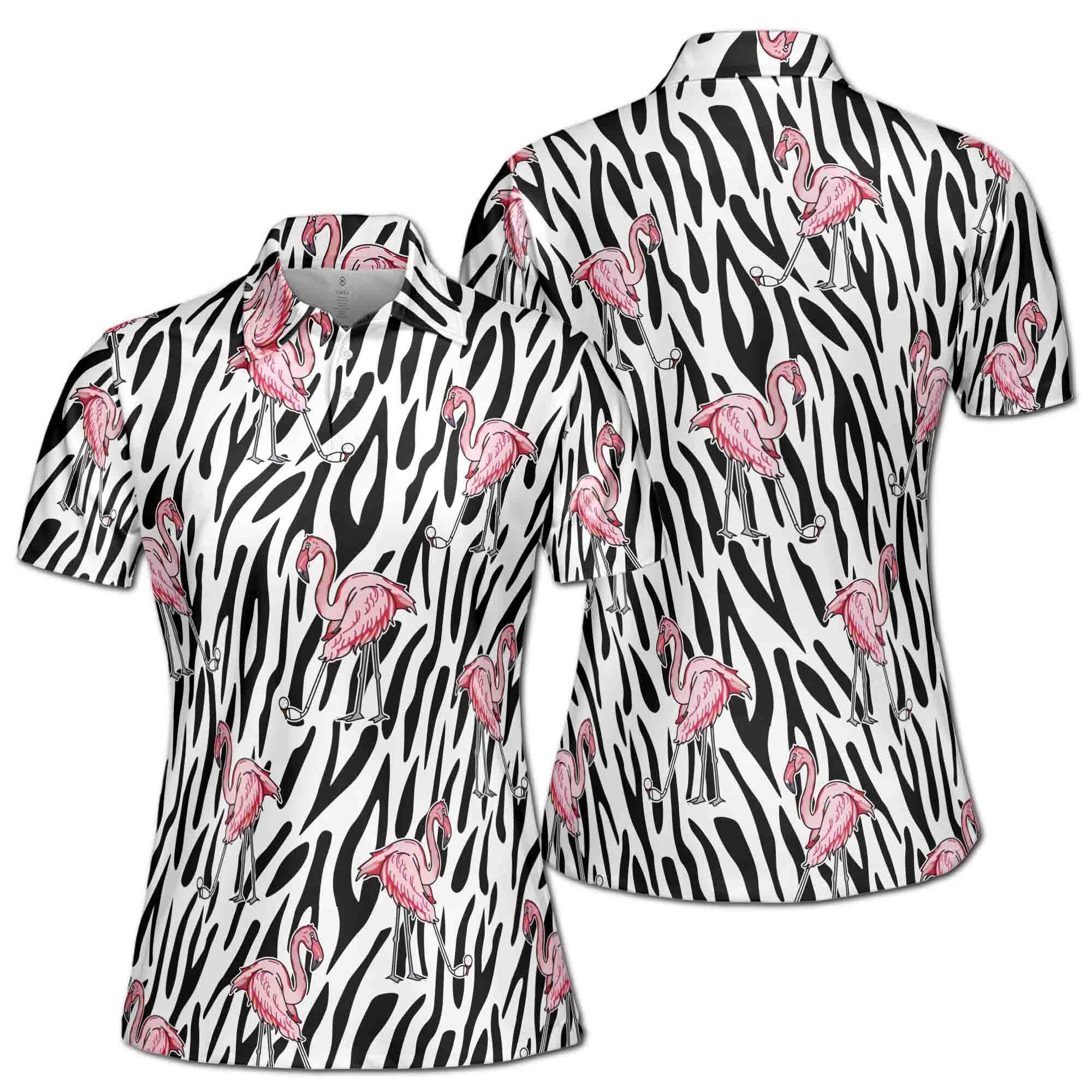 Funny Flamingo Play Golf Zebra Pattern Women's Polo Shirt