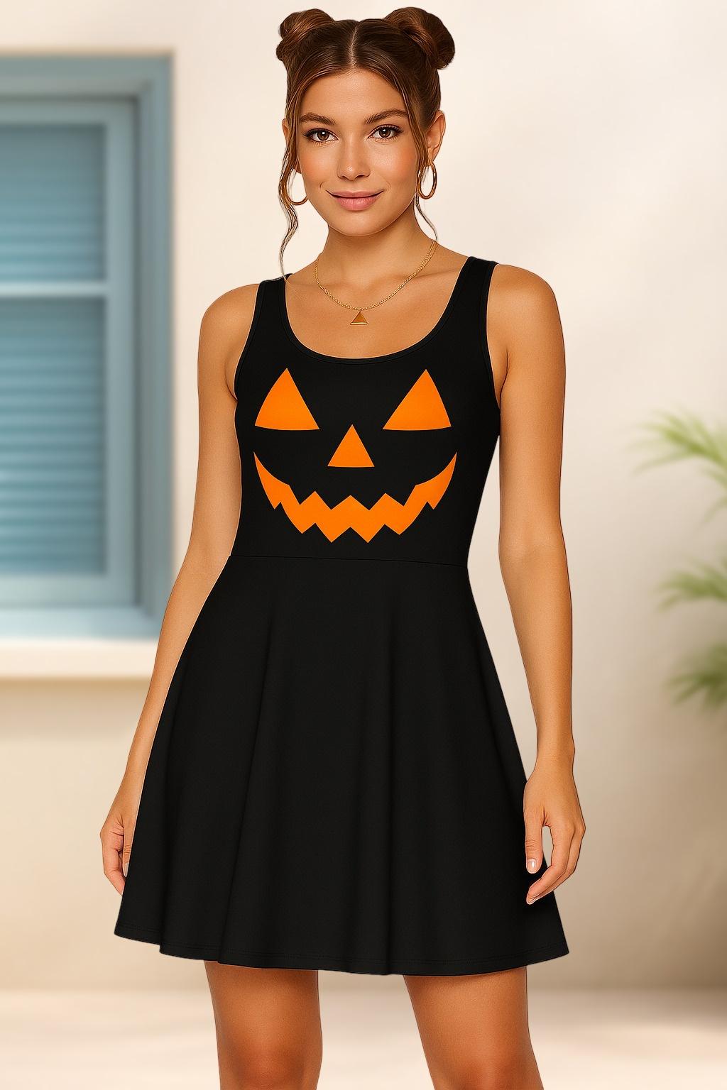Halloween Pumpkin Face Skater Dress for Women, Spooky Jack-O'-Lantern Costume