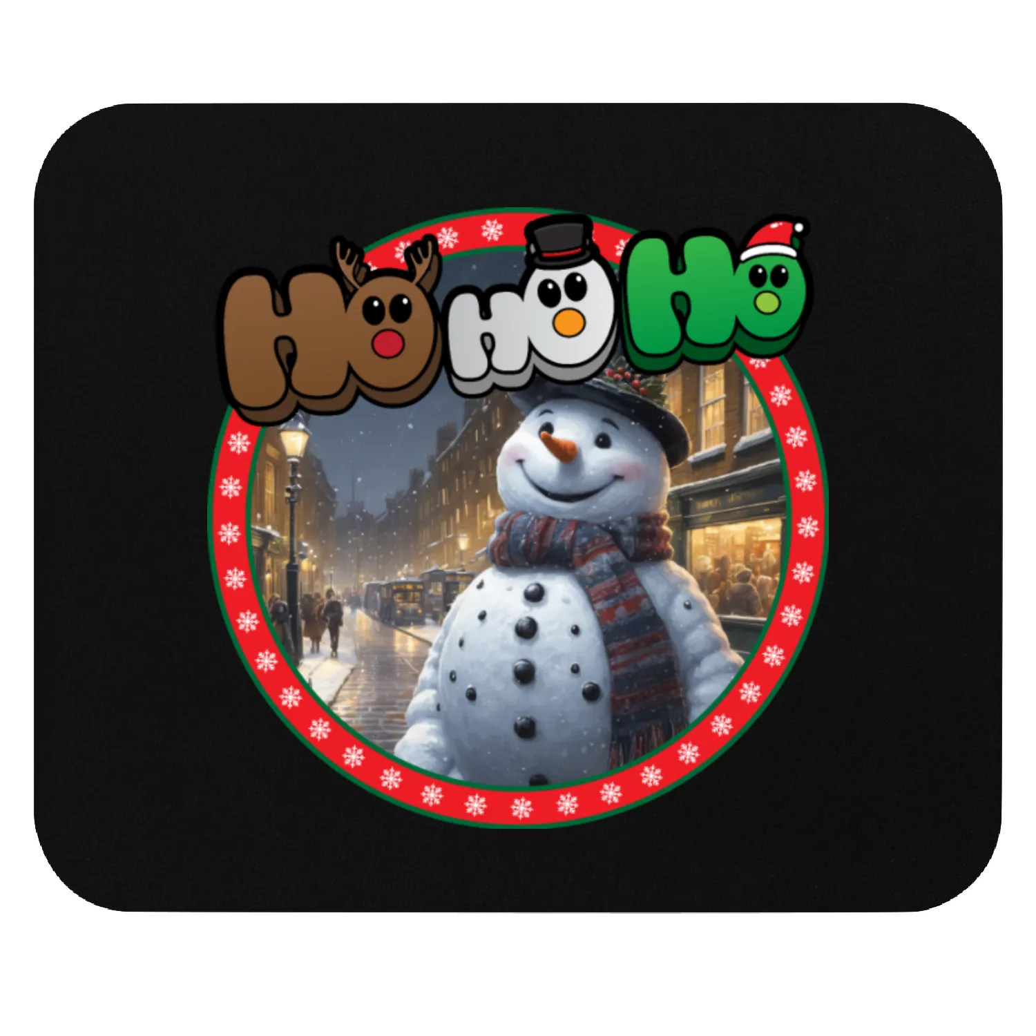 Cute snowman and Christmas holiday hohoho Mouse Pads