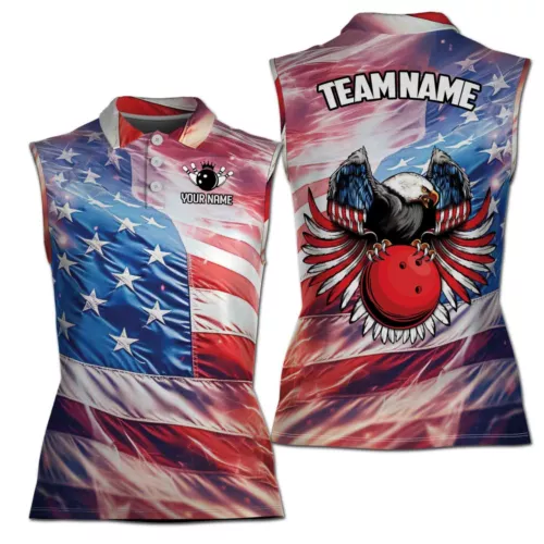 Personalized Patriotic America Eagle Bowling Lover Women Sleeveless Polo