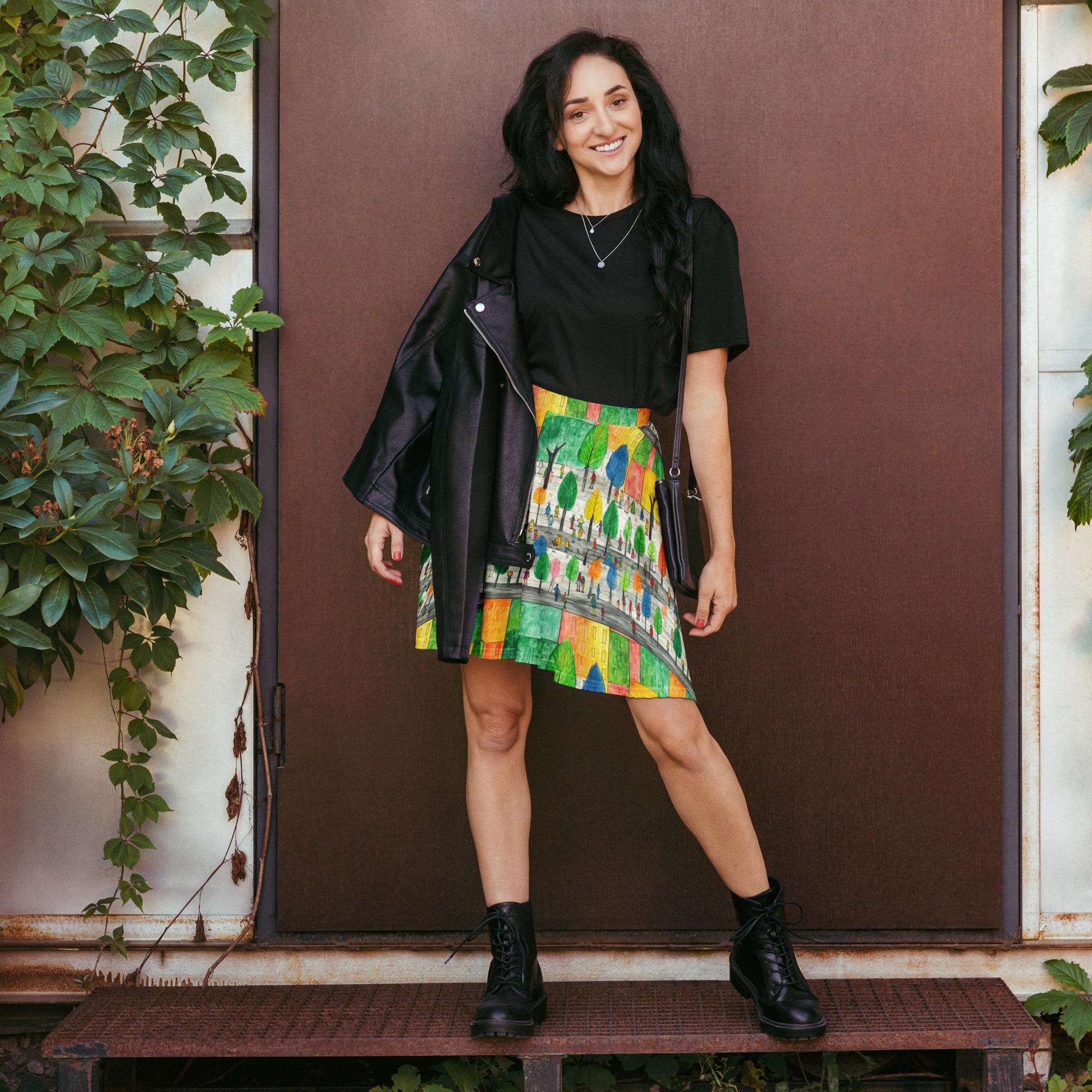 Crayonville Park Fun Skater Skirt Ladies Women Teens - Funky Green Crayon School Skirt - Preschool Kindergarten Elementary School Teachers