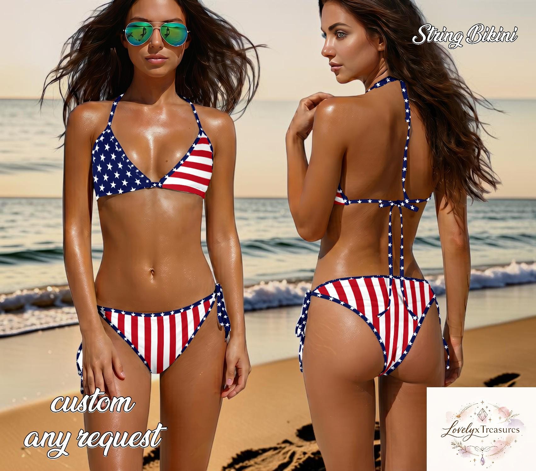 American Flag Bikini Set, USA Patriotic String Bikini, Stars Stripes Triangle Swimsuit, 4th July Beachwear
