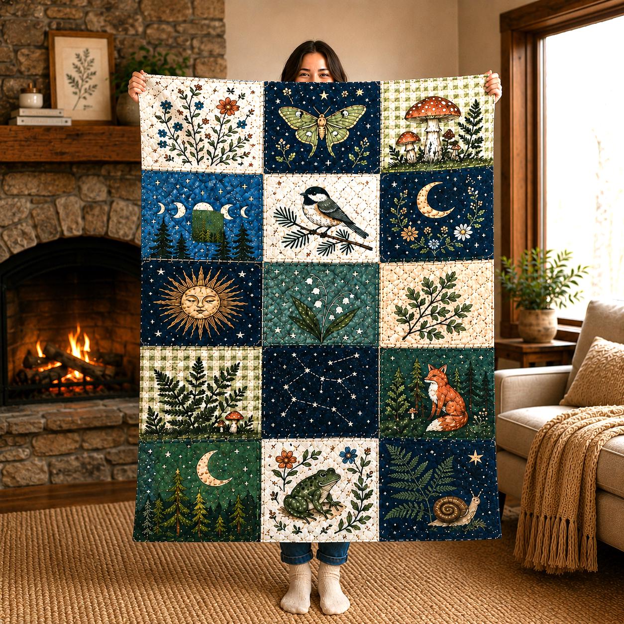 Woodland Faux Patchwork Quilt Blanket, Celestial Moon Stars Bed Throw