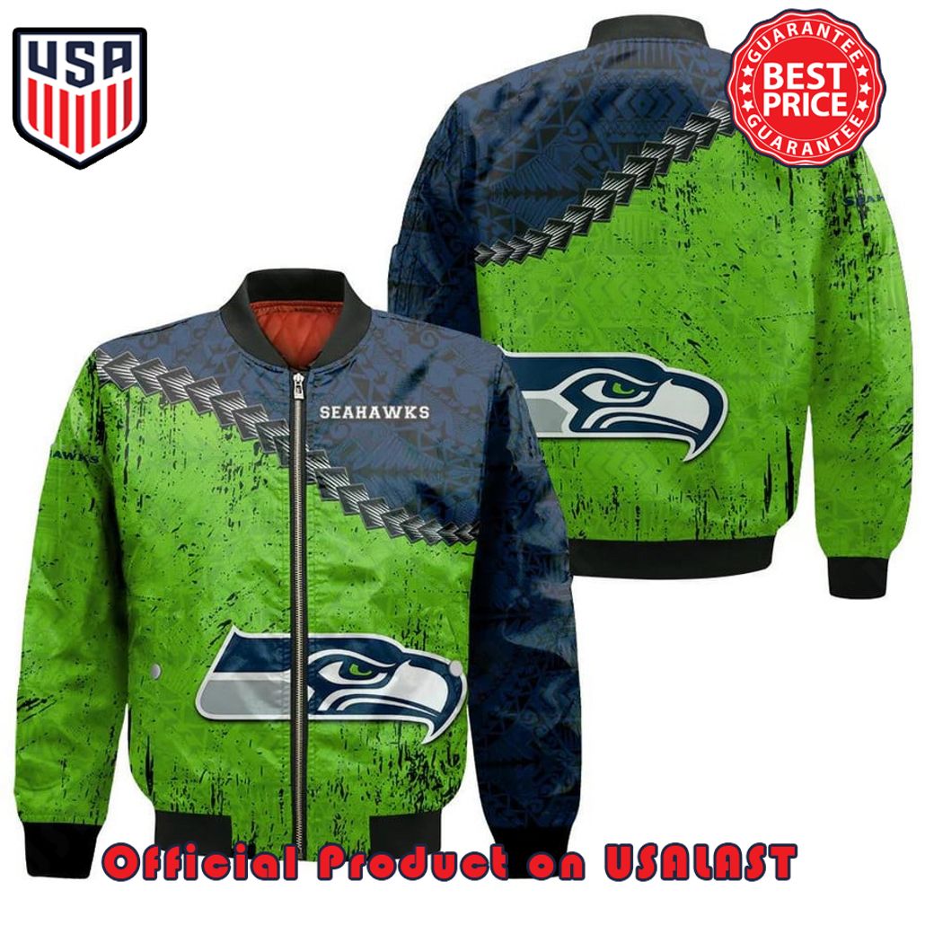 SEATTLE SEAHAWKS BOMBER JACKET 3D PRINTED GRUNGE POLYNESIAN TATTOO