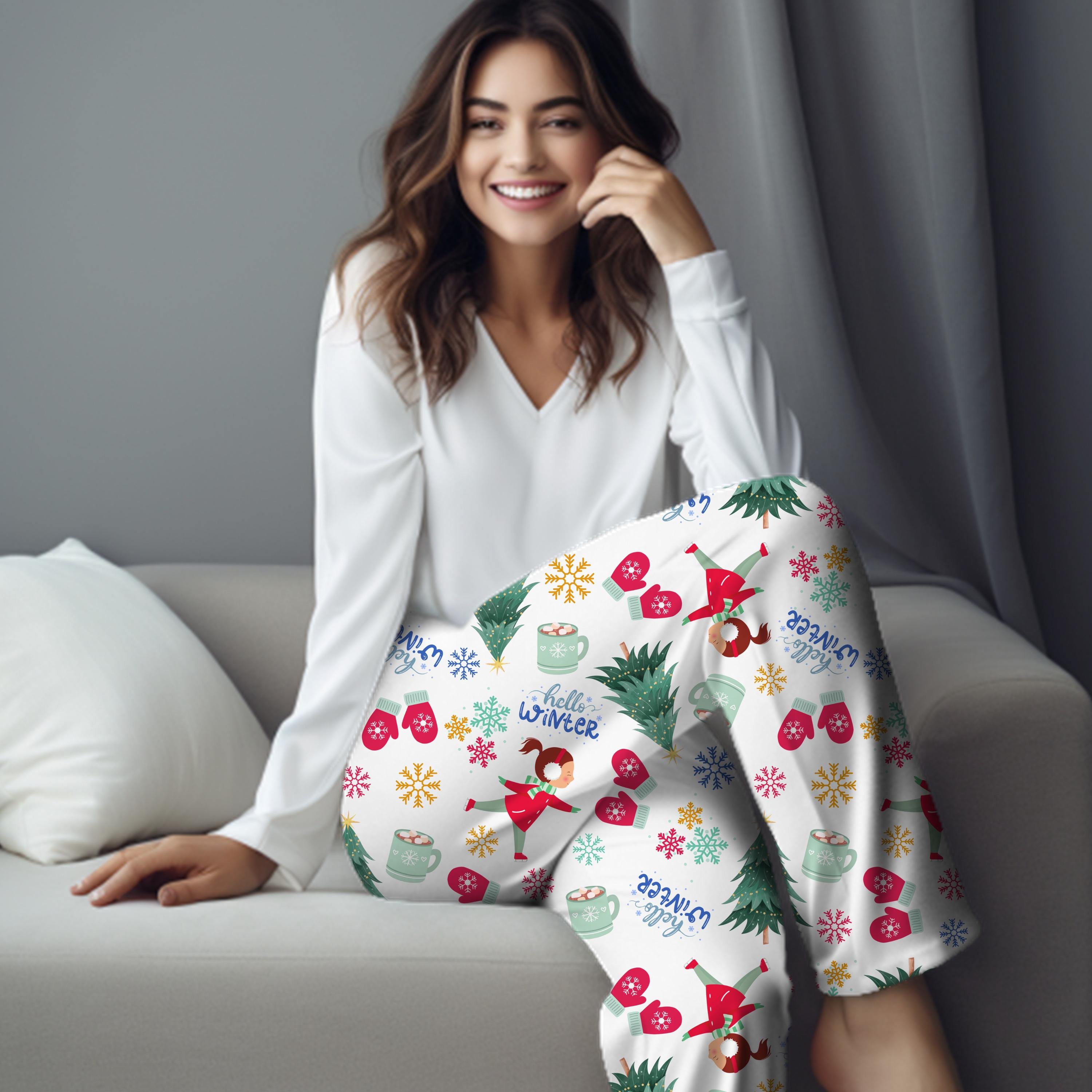Winter Pajama Pants: Women's Holiday Lounge Wear with Ice Skater Design