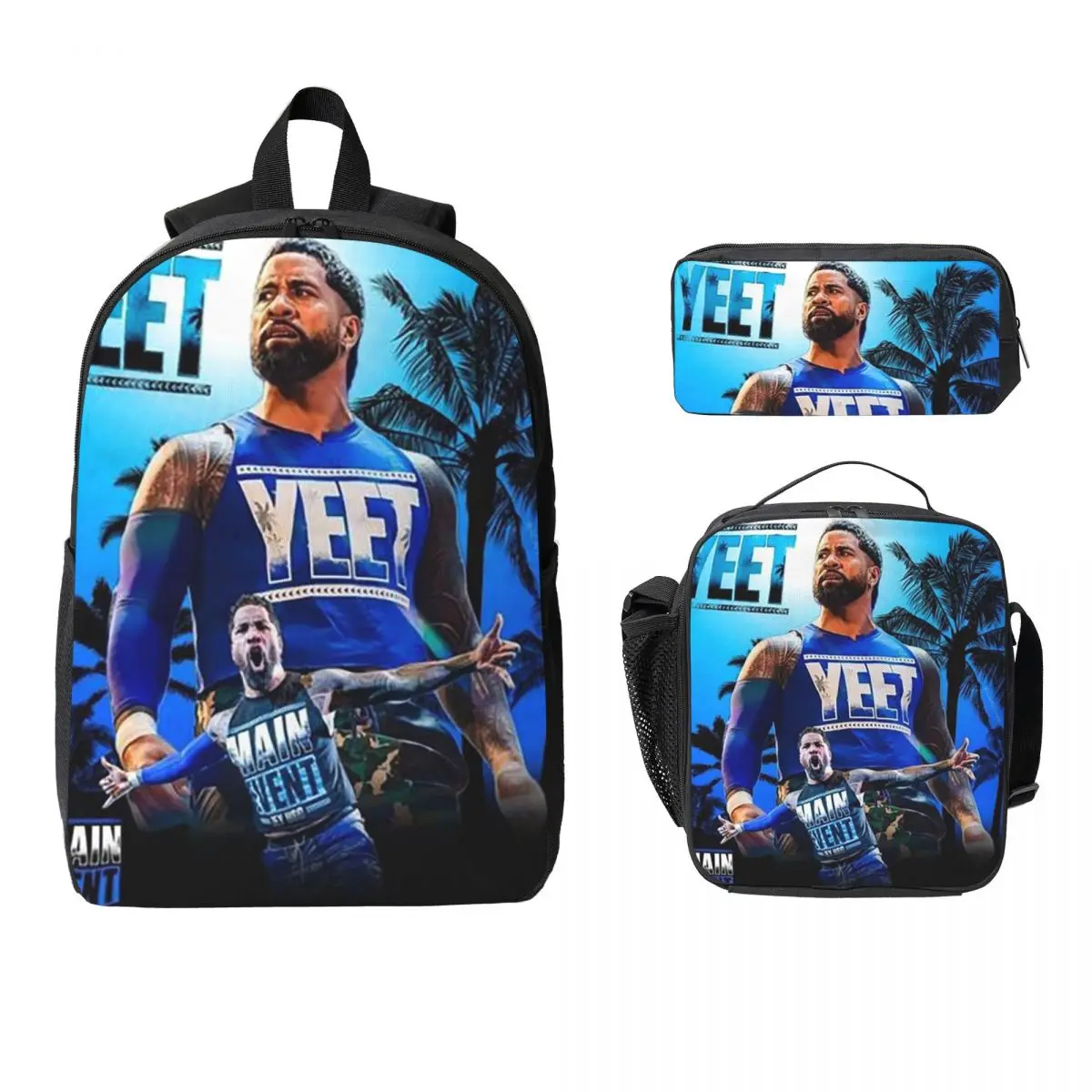 Jey Uso Yeet Vintage Graphic Printed 3-Piece Backpack Set, Kids School Bookbag with Insulated Lunch Bag and Pencil Case, Casual Shoulder Backpack for Boys Girls