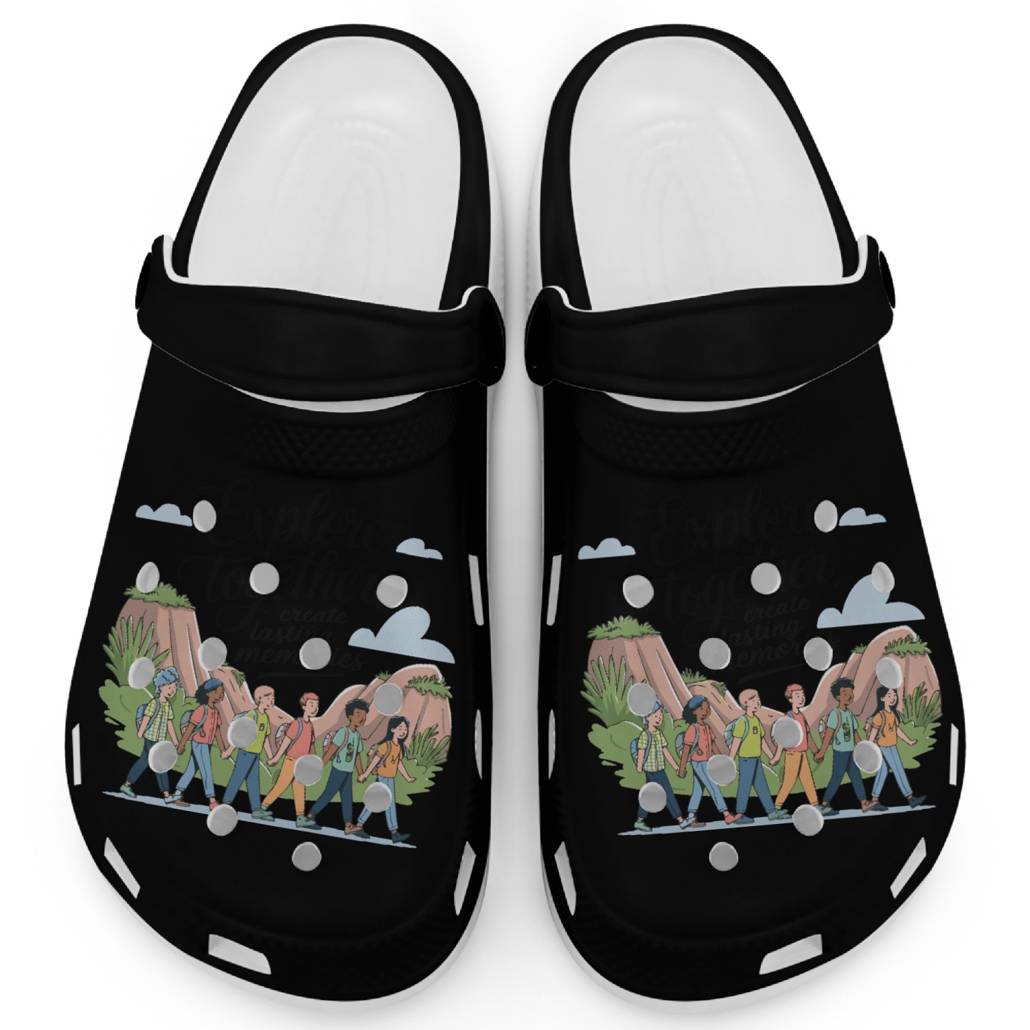 Explore Together adevnture travel quote text art Clogs