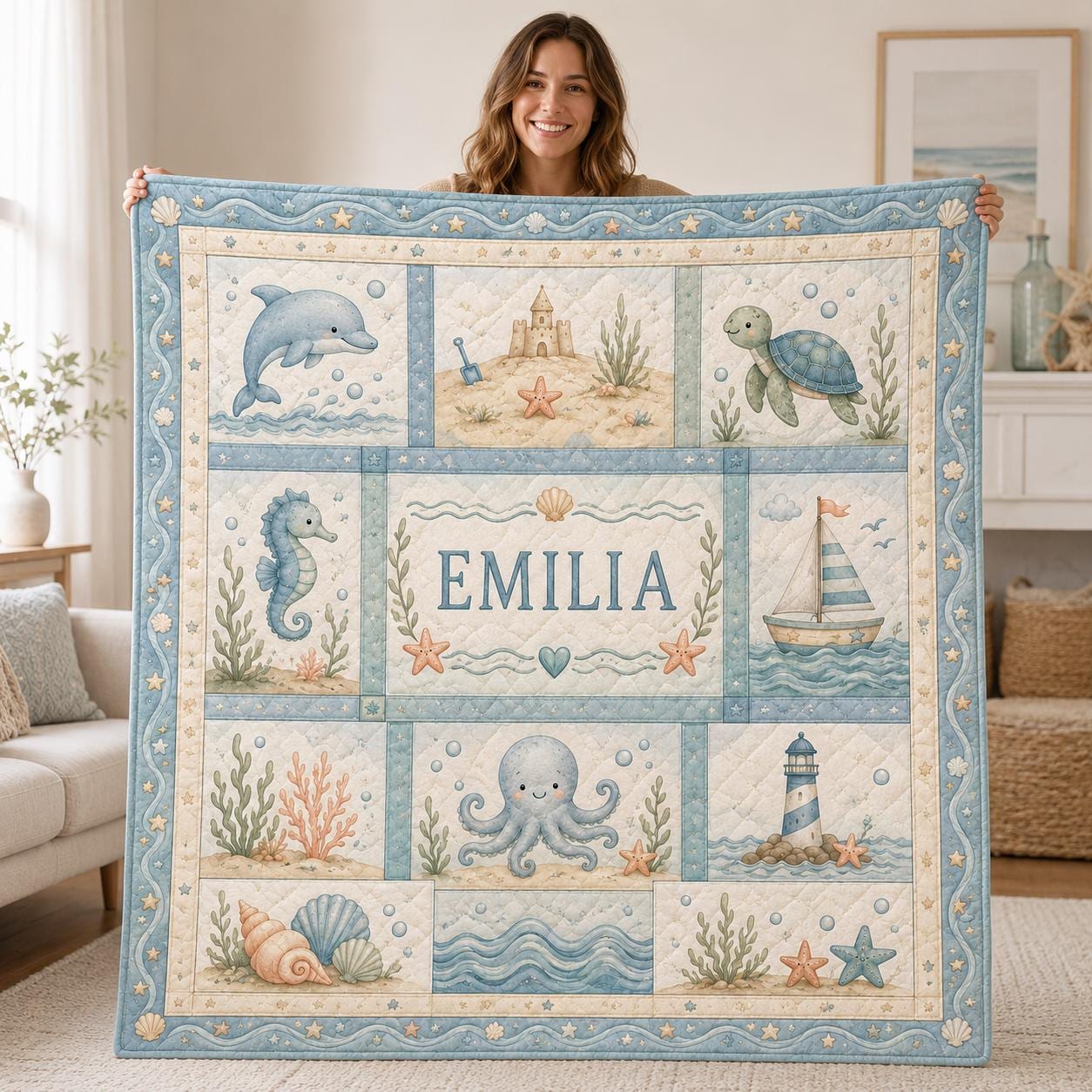 Personalized Ocean Animals Quilt for Nursery, Custom Baby Name Blanket, Nautical Baby