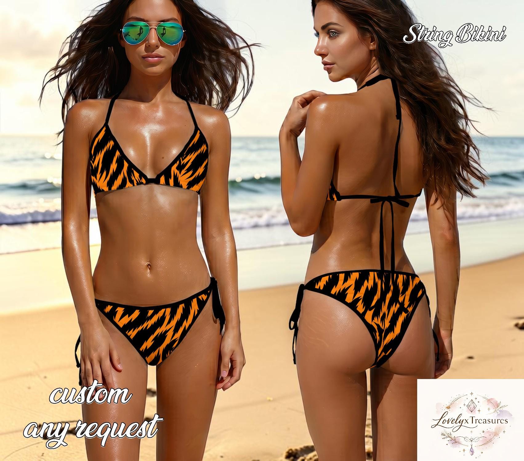 Tiger Print Bikini Set, Orange Black Animal Print String Bikini, Sexy Triangle Tie Side Swimsuit, Summer Beachwear