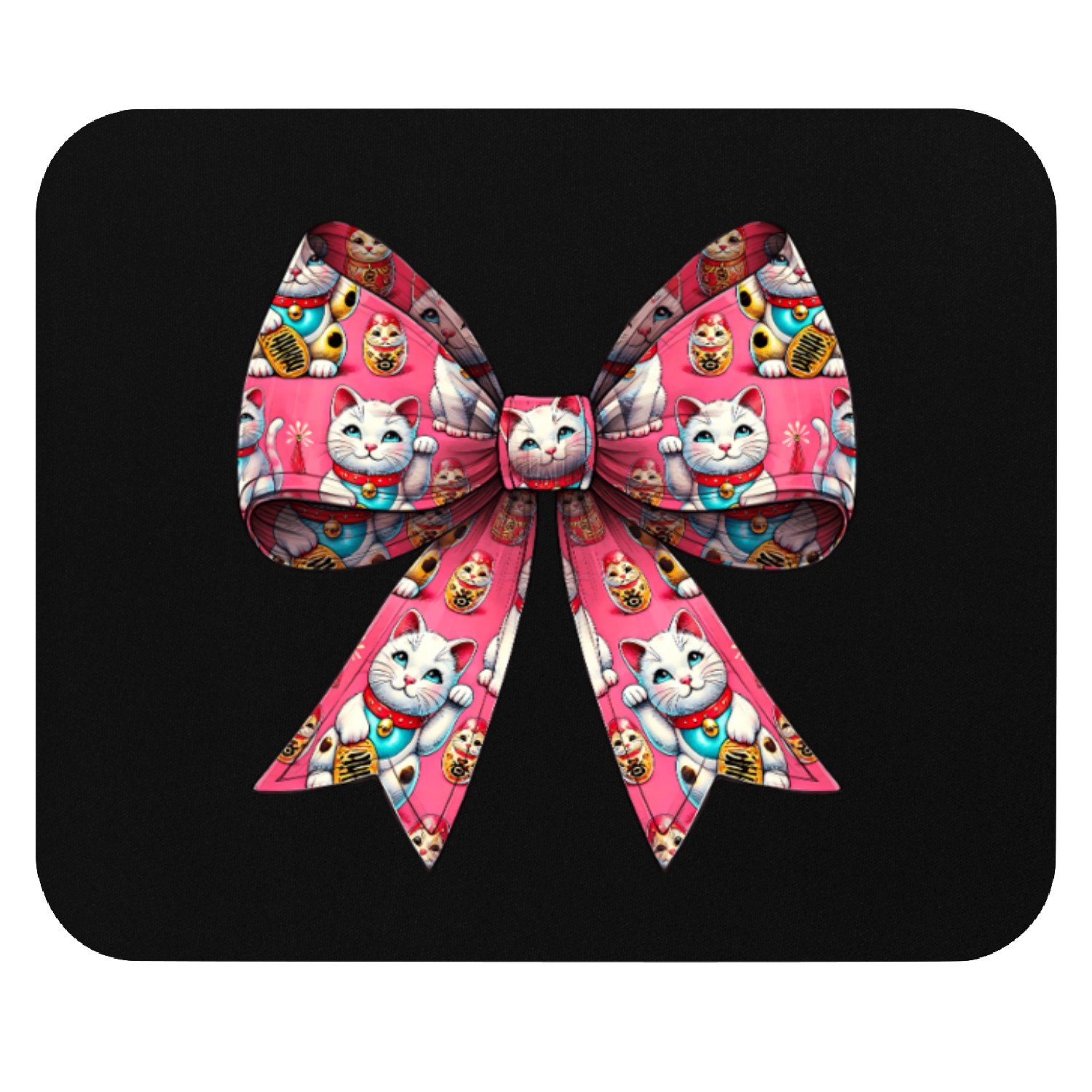Coquette Bow Maneki Neko Japanese Cat Lucky Pink Mouse Pads