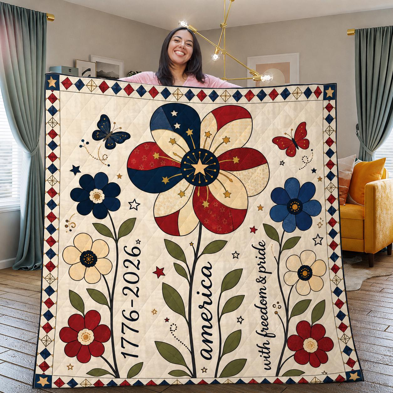 Quilt Blanket: America 1776 2026 Flower Graphic, Red Blue Cream