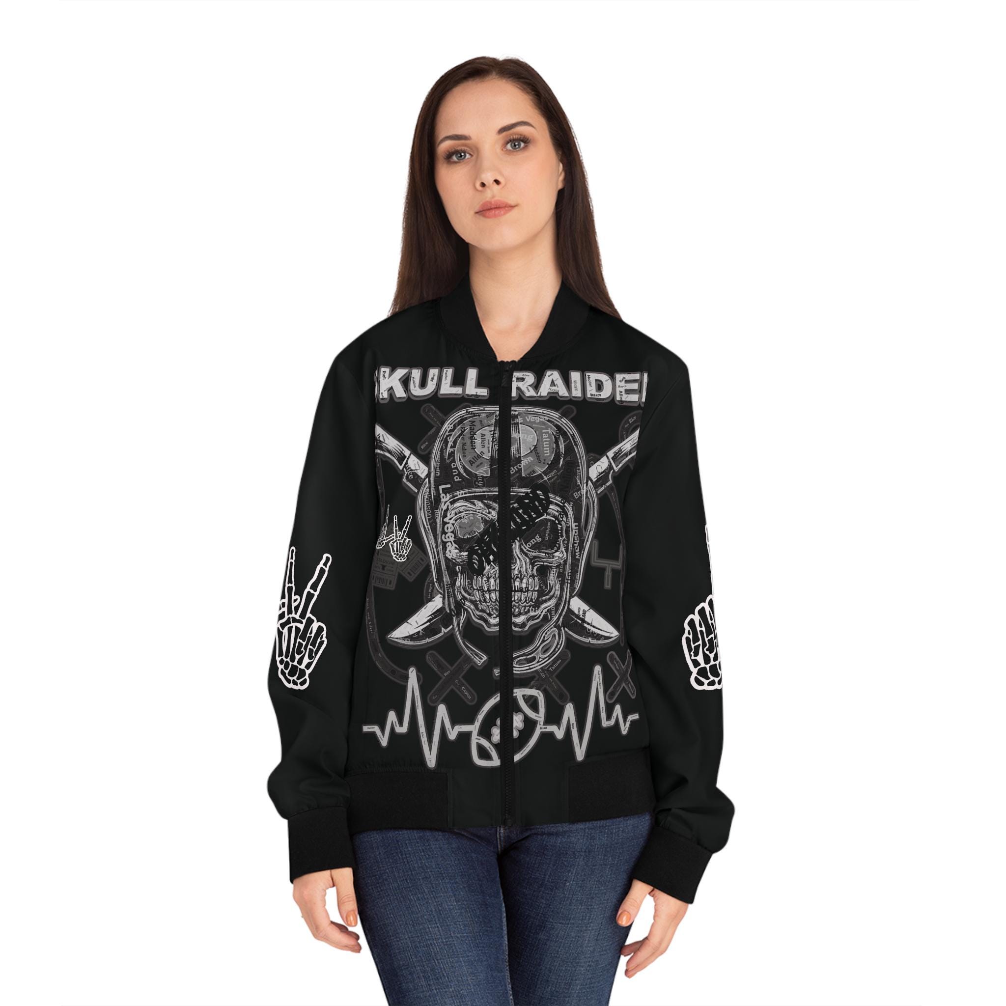 Skull Raiders Las Vegas Football All Star team names skyline inspired Women's Bomber Jacket (All Over Print)