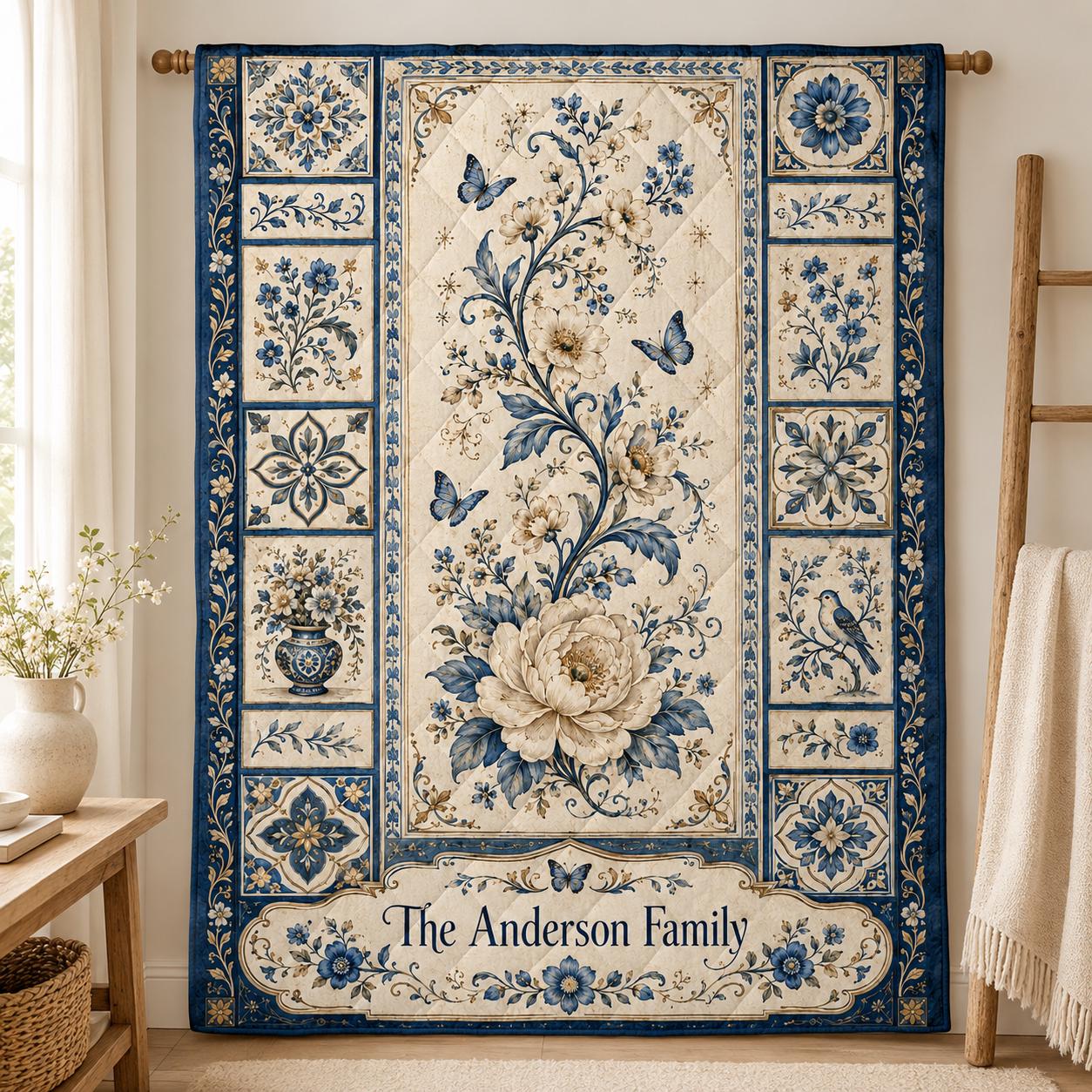 Personalized Blue Floral Quilt Blanket, Custom Family Name Throw, Vintage Botanical Butterfly Quilt, Cottagecore Home Decor