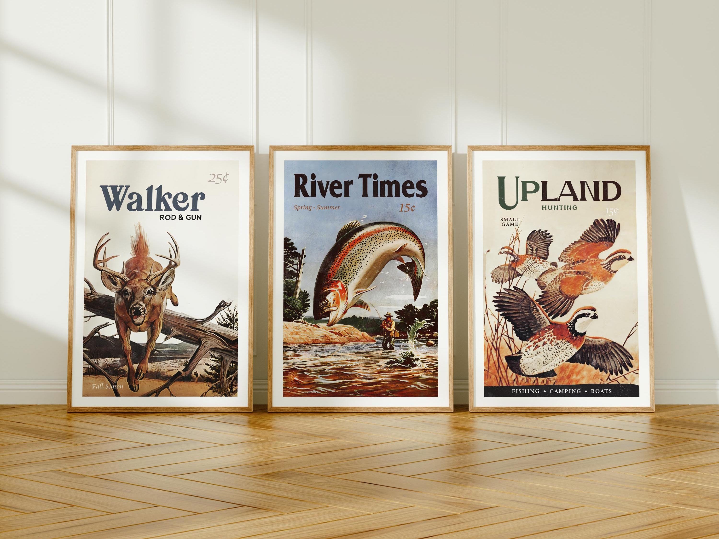 Retro Wildlife Prints Hunting + Fishing Art Poster Wildlife Wall Prints Vintage Hunting Artwork Fishing Gift for Dad