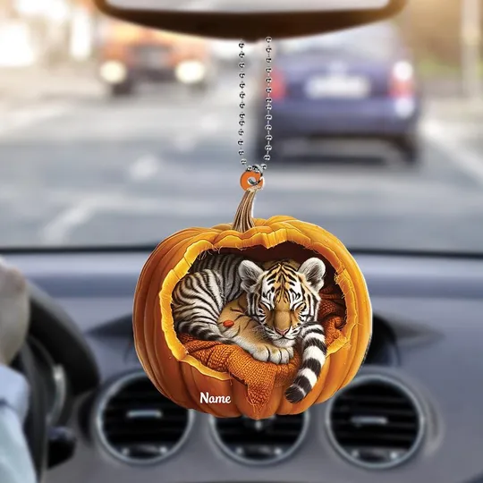 Personalized Tiger Pumpkin Halloween Ornament, Tiger Ornament Gift, Tiger Halloween Ornament, Tiger Car Ornament