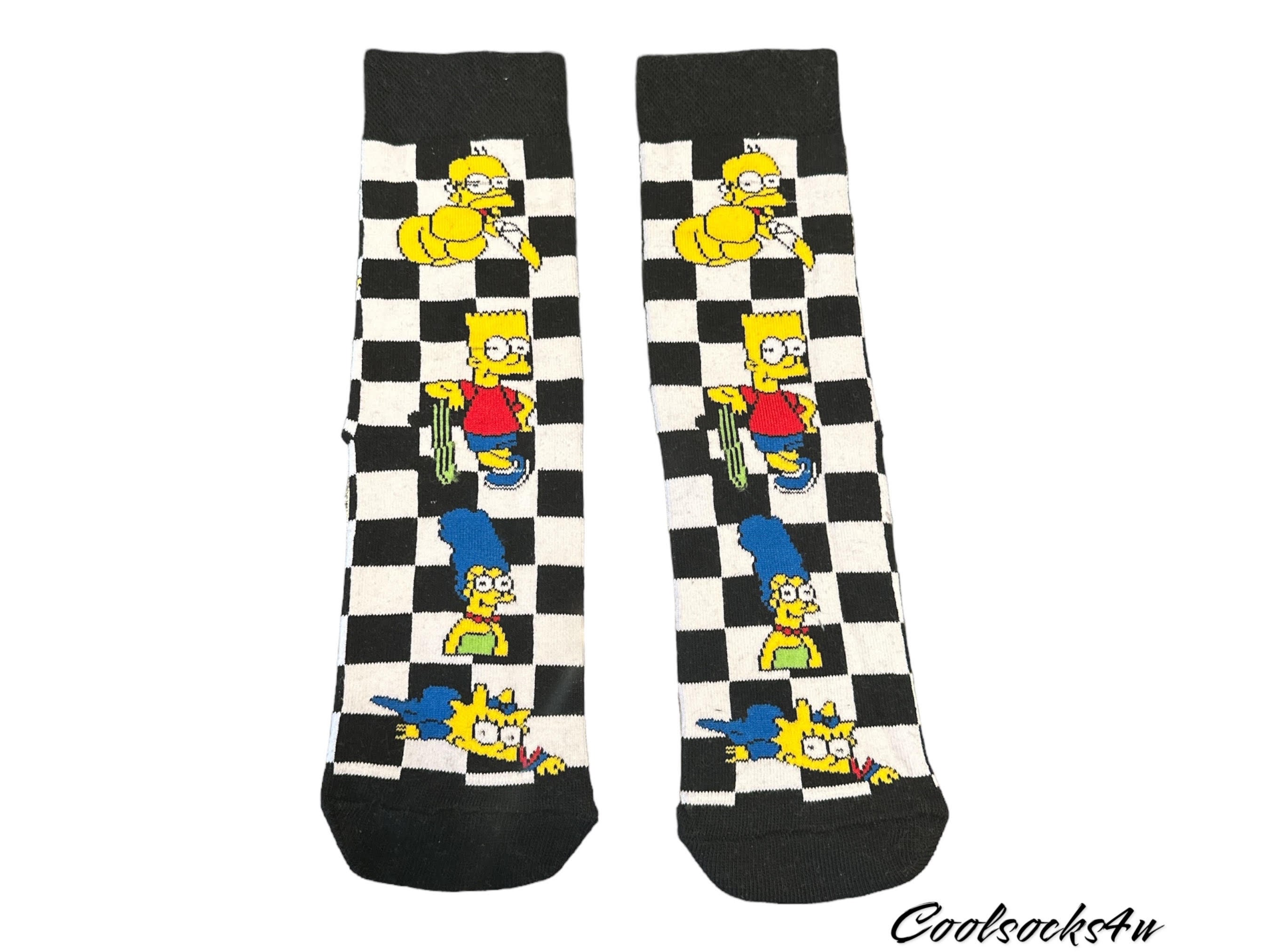 Simpsons Checkered Cartoon Character Cotton Crew Socks | Novelty, Fun and Cute |