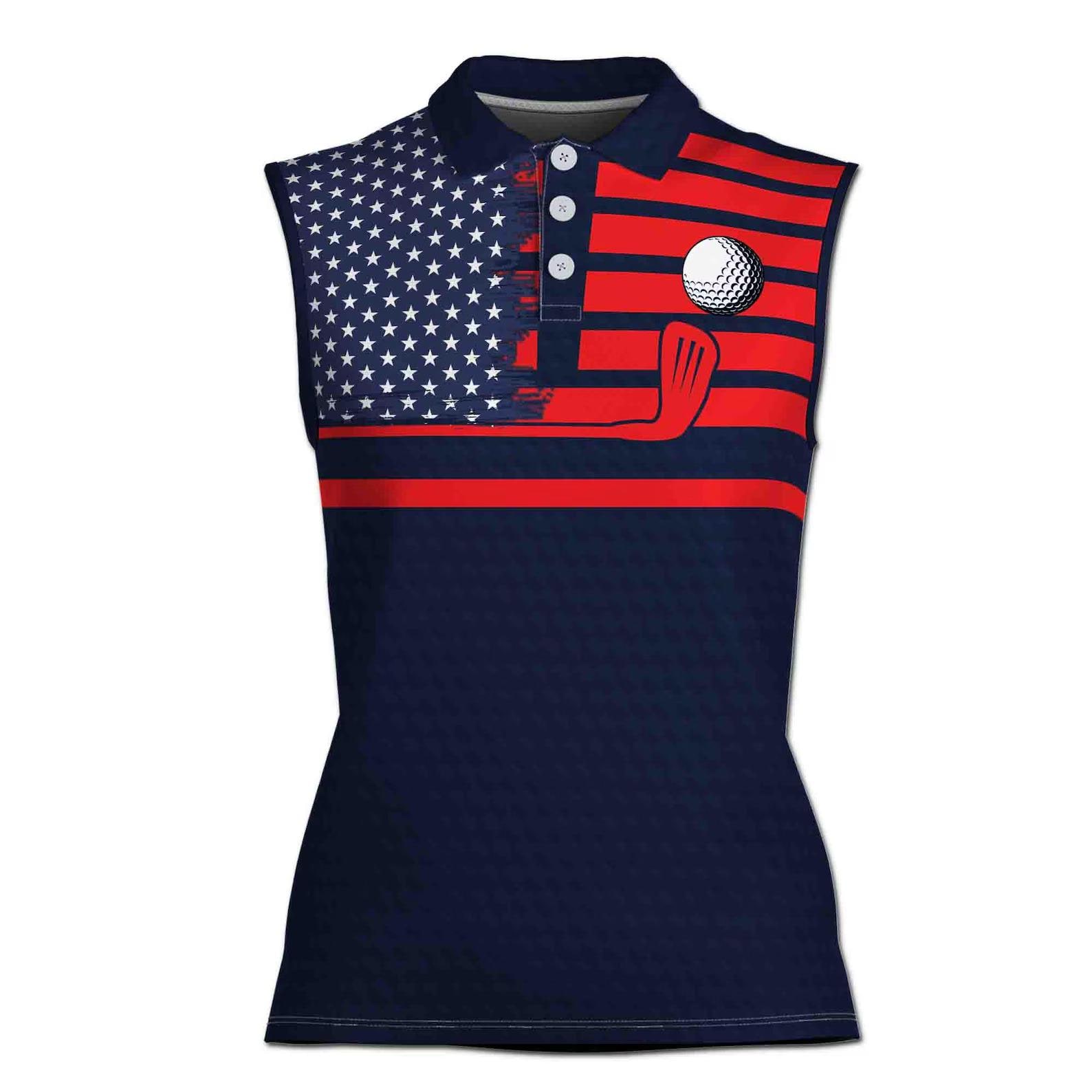 Patriotic Sleeveless Golf Polo Shirt for Women, American Flag Golf Shirt, Red White Blue Sport Polo, Summer Activewear Top, Golf Lover Gift